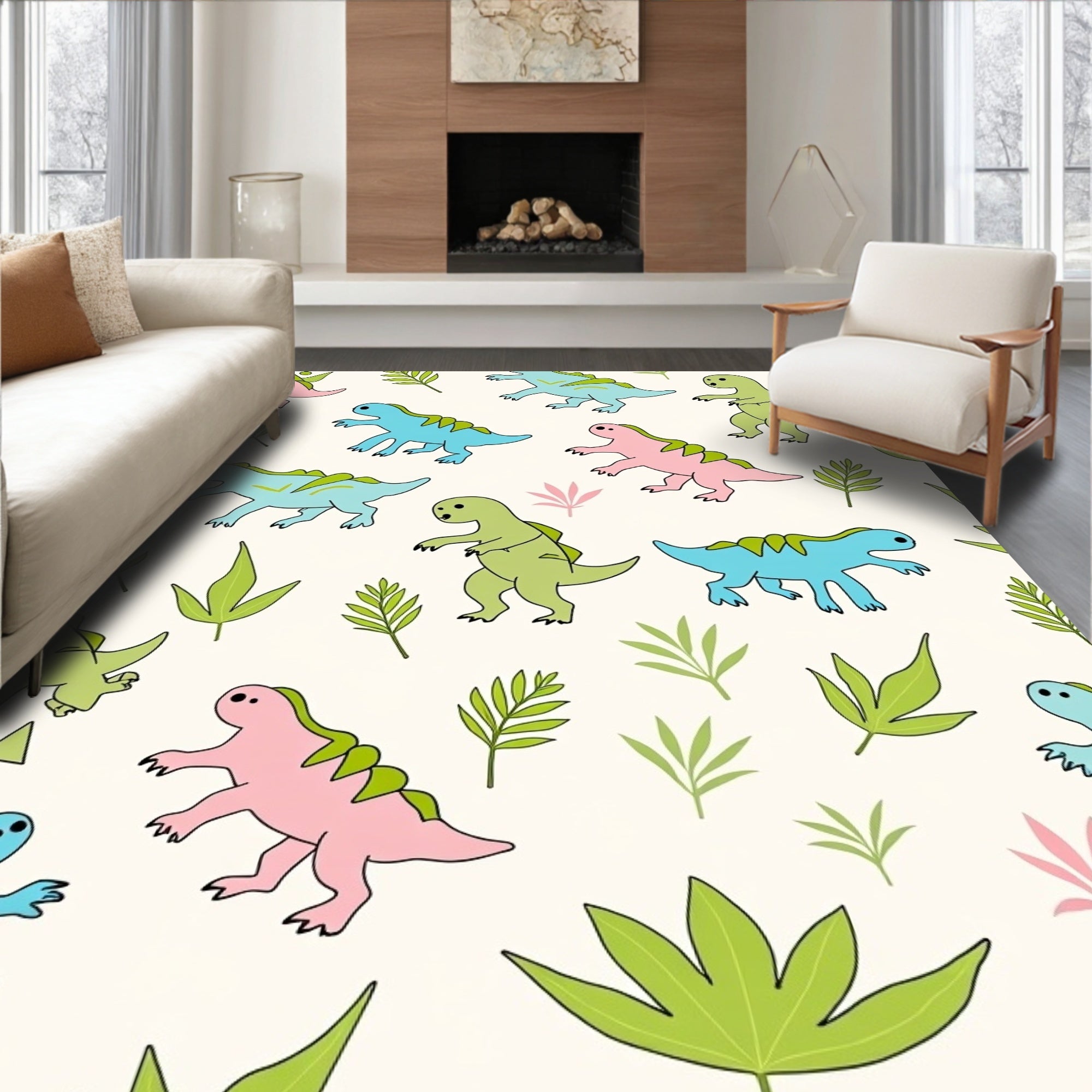 Playful Dinosaur Leafy Pastel Trio Rug