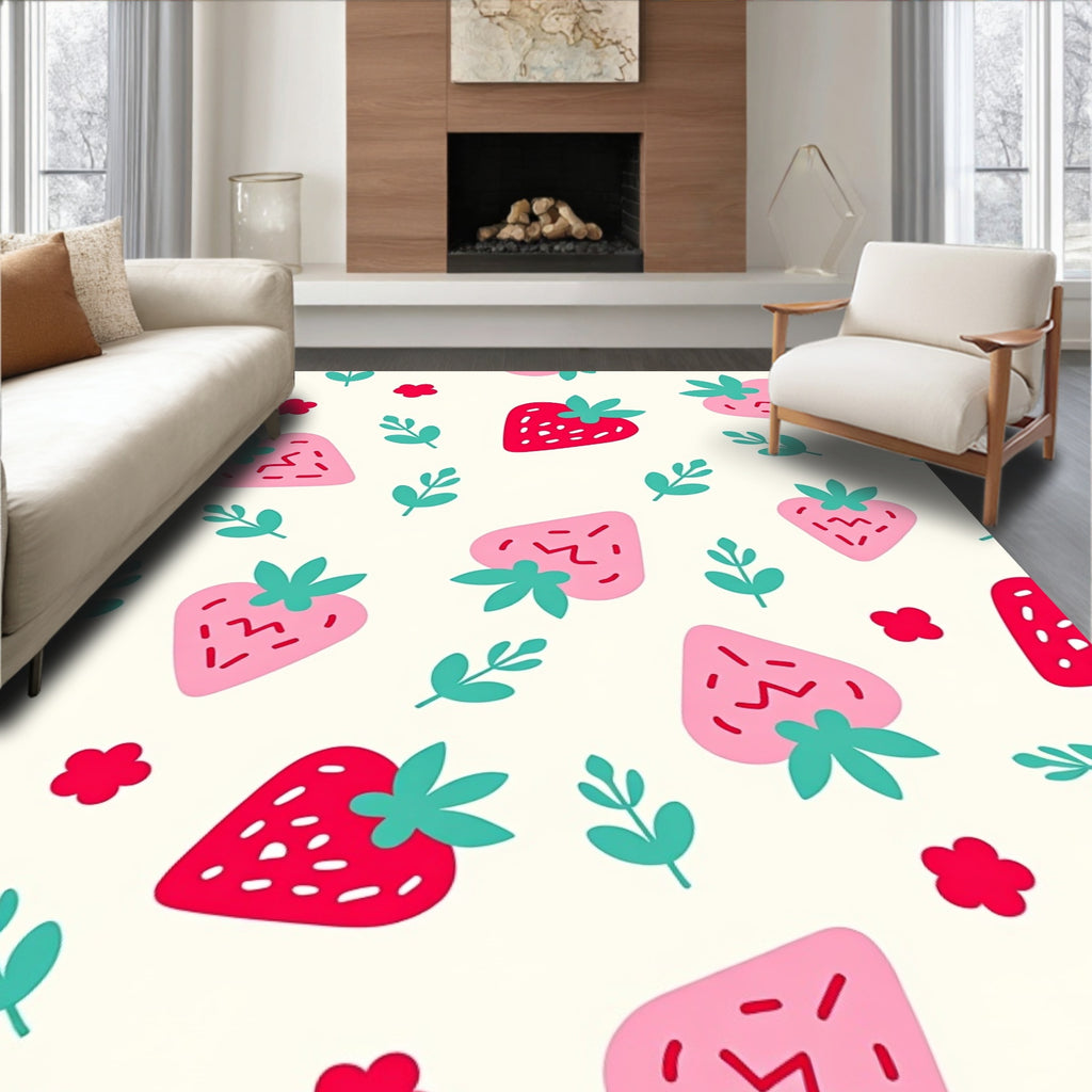 Sweet Red Pink Strawberry Foliage Sprigs Rug