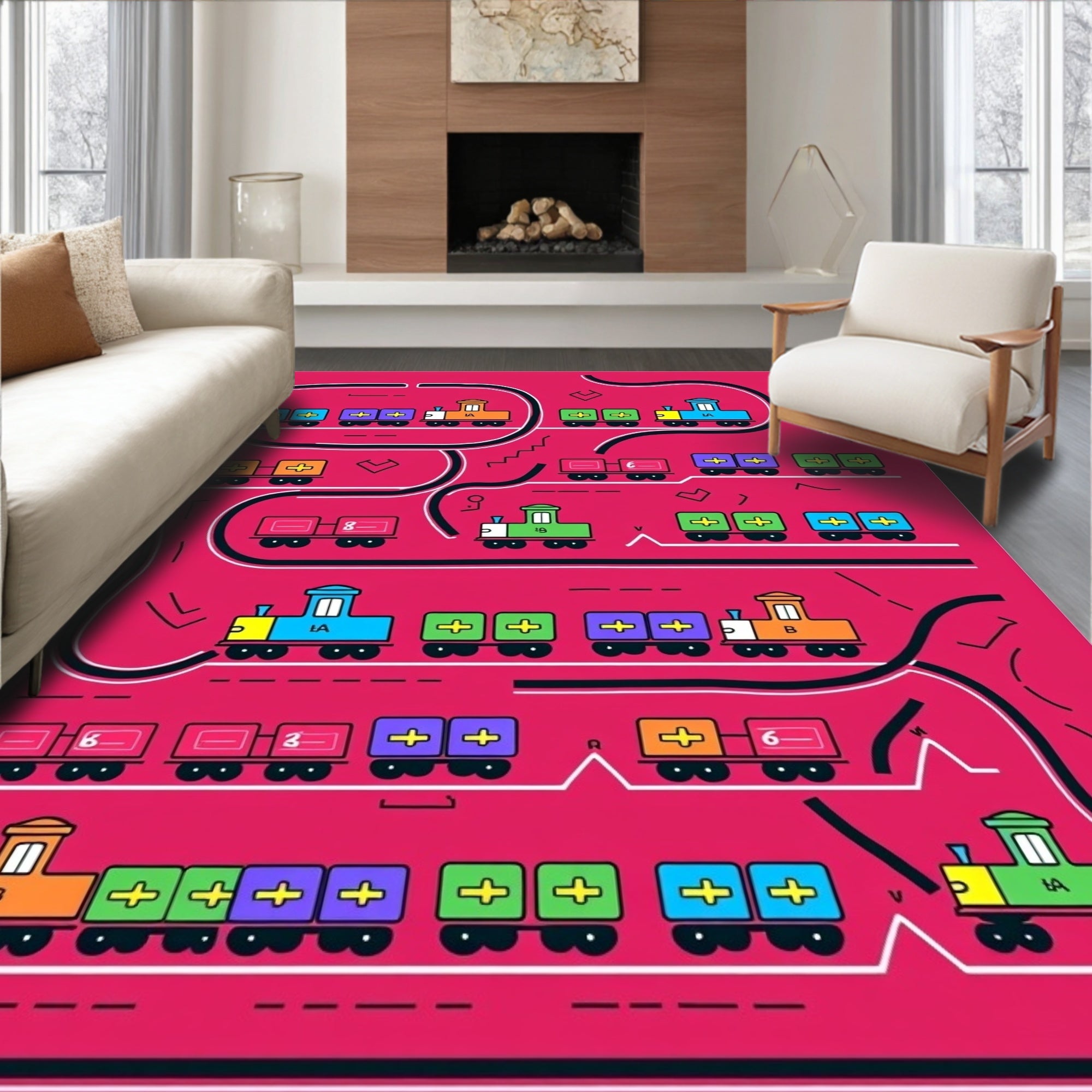 Playful Train Track Kids Rug