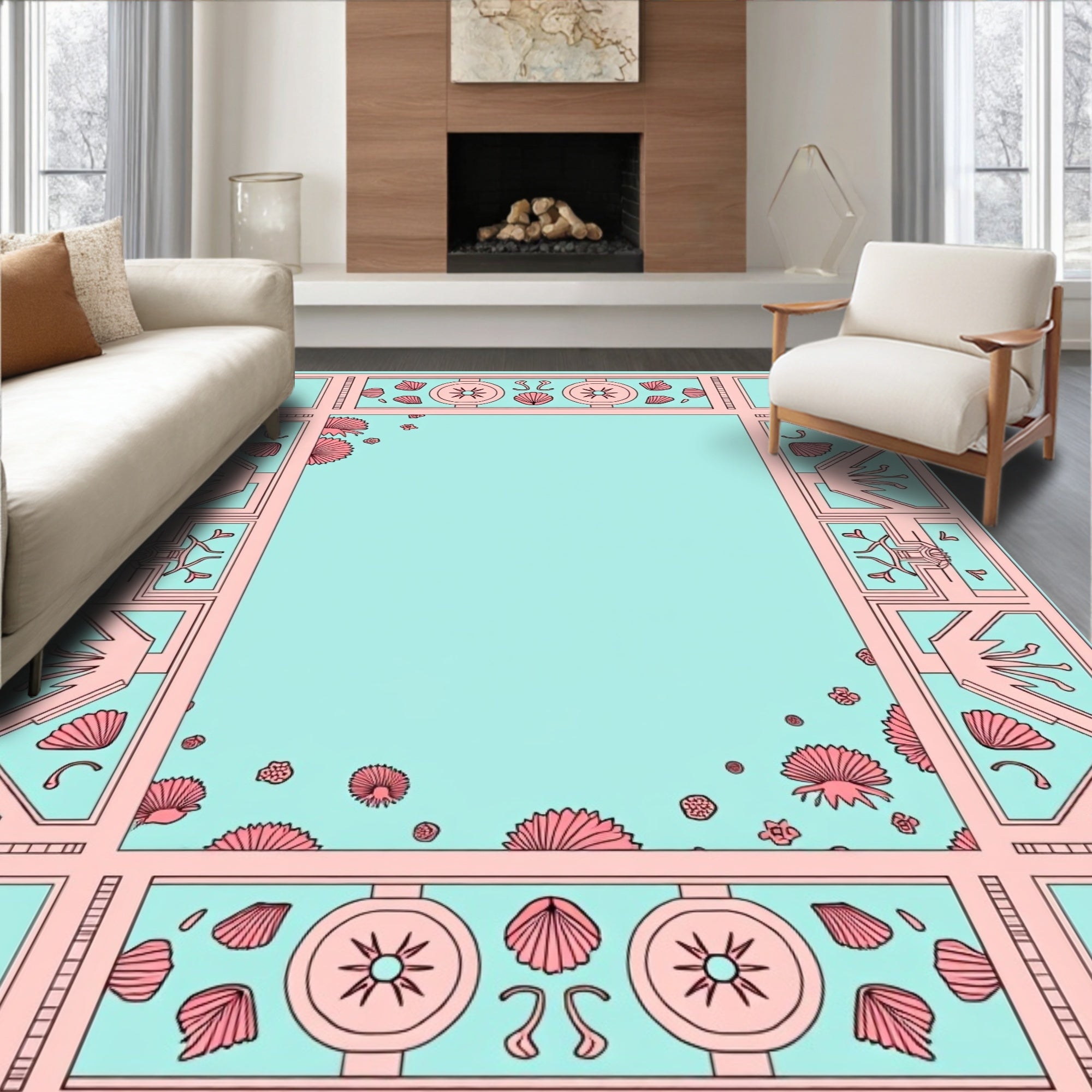 Oceanic Scallop Geometric Border Rug