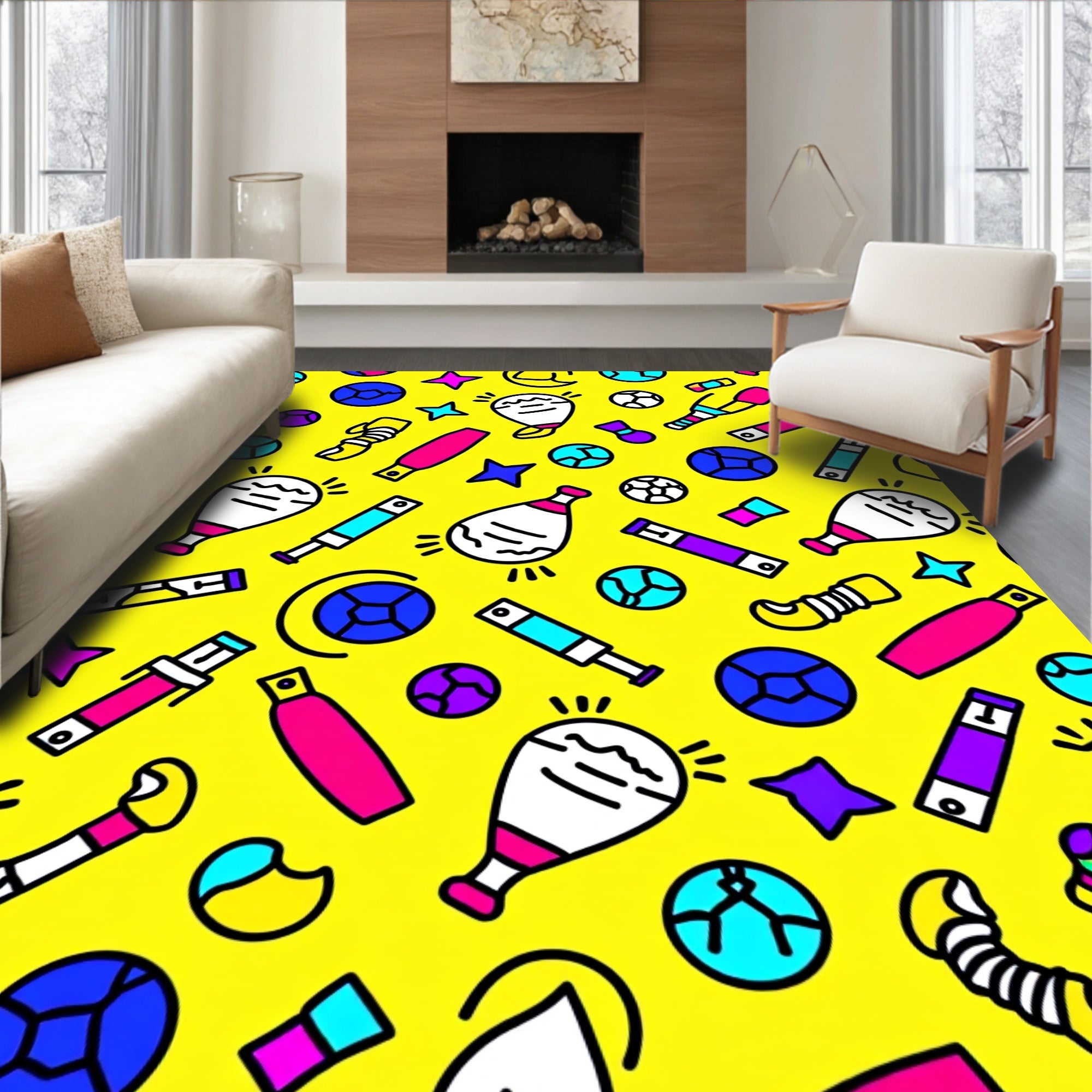 Bold Graphic Whimsical Retro Icons Rug