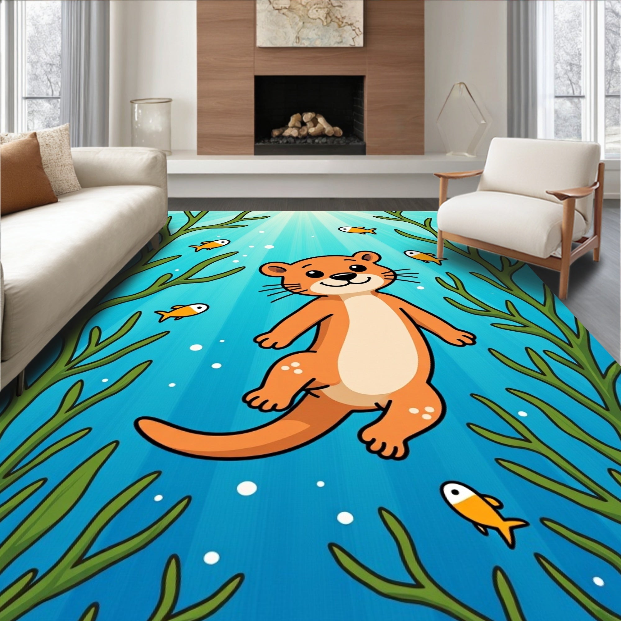 Whimsical Otter And Fish Underwater Scene Rug