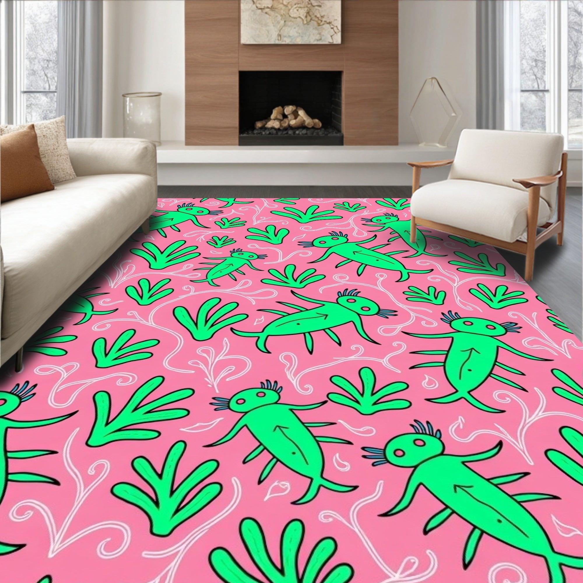 Whimsical Green Critters Pink Garden Rug
