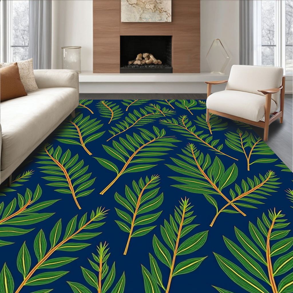 Green Leafy Palm Branches Navy Blue Rug