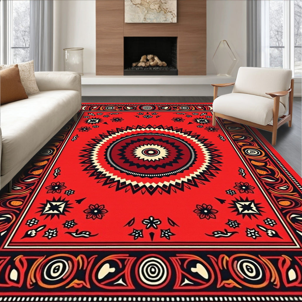 Fiery Red Sunburst Geometric Border Rug