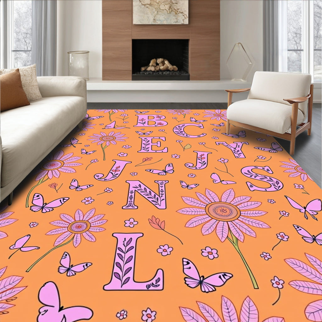 Groovy Orange Floral Butterfly Alphabet Rug