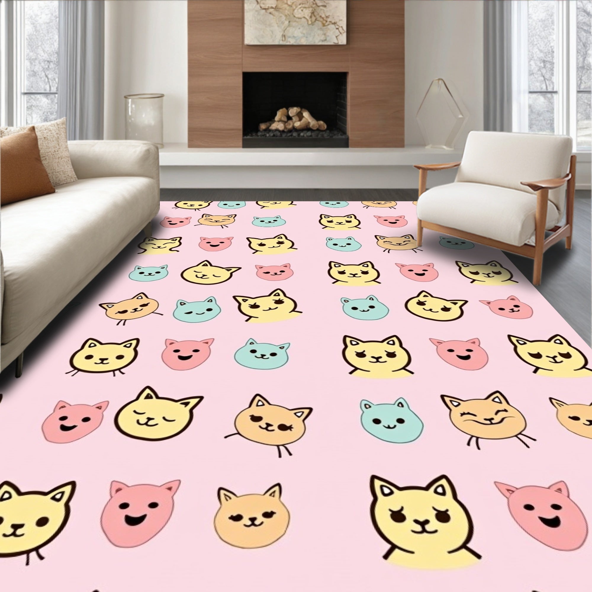 Kawaii Kitty Faces Pink Yellow Blue Rug
