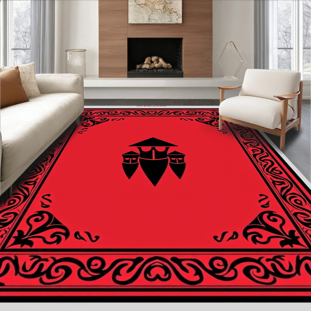 Crimson Red Tribal Frame With Black Emblem Rug
