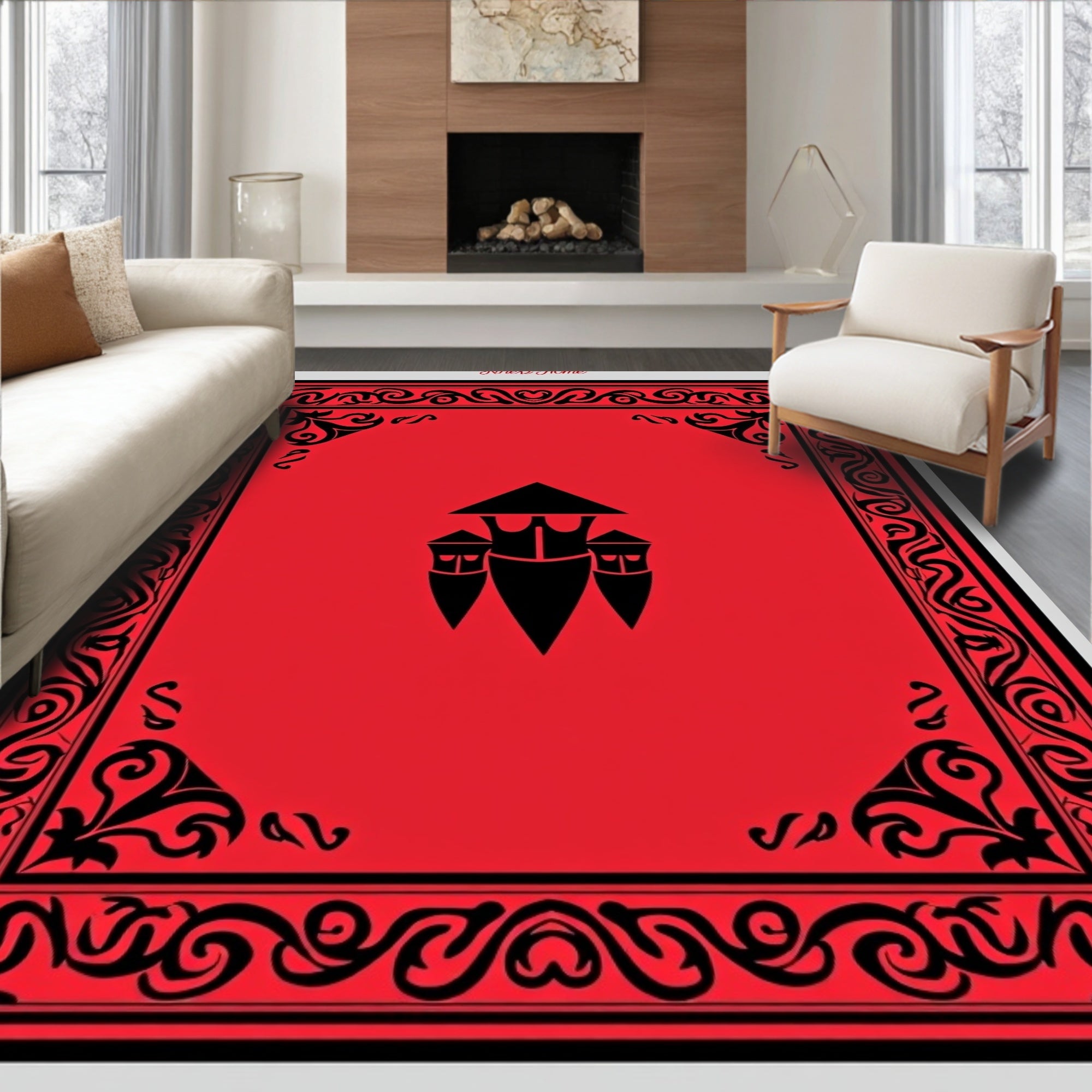 Crimson Red Tribal Frame With Black Emblem Rug