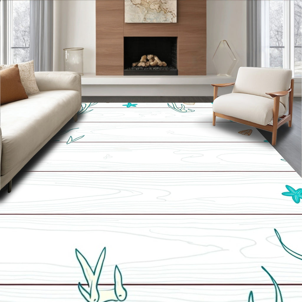 Coastal White Seashell Starfish Coral Rug