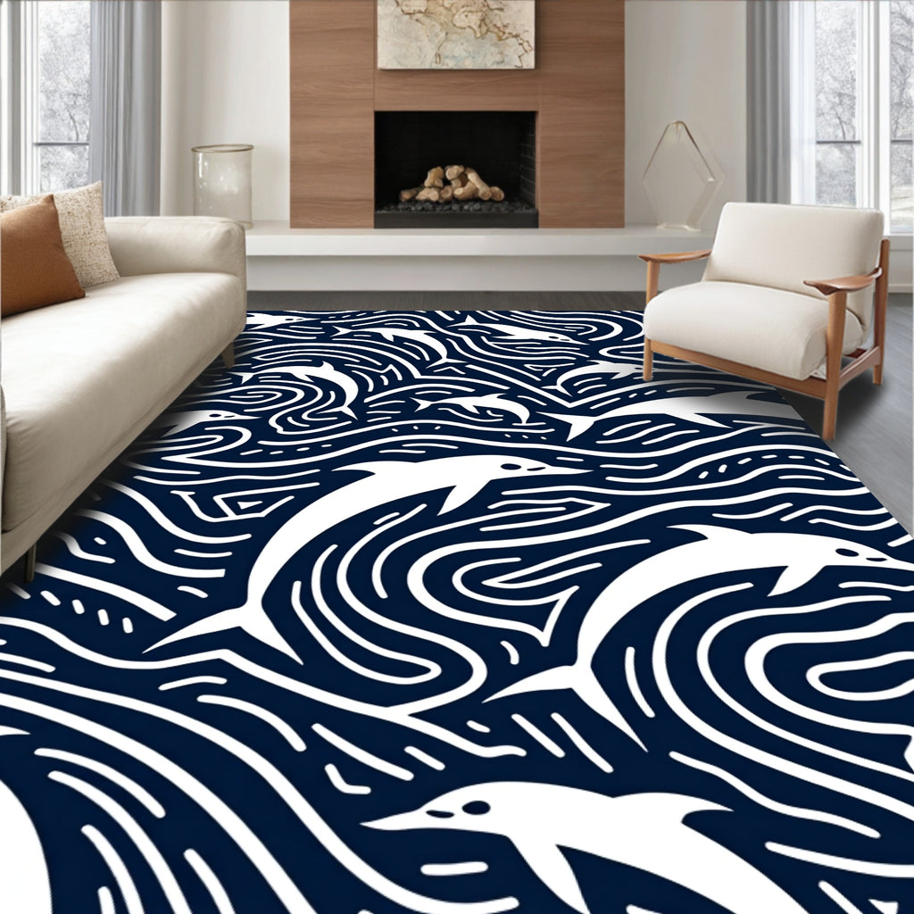Playful White Dolphins Navy Swirls Rug