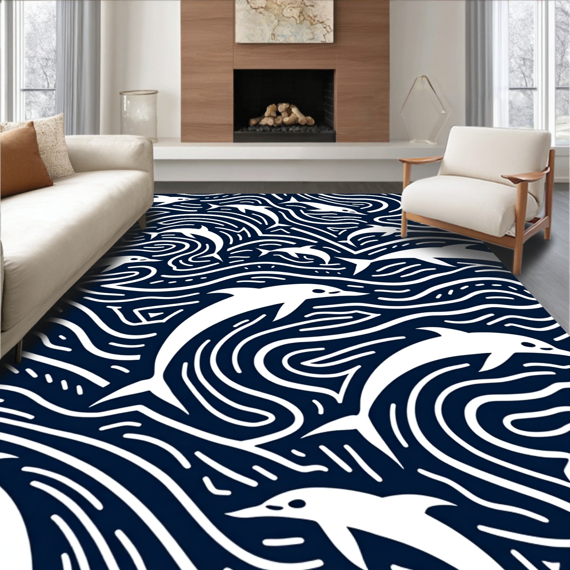Playful White Dolphins Navy Swirls Rug
