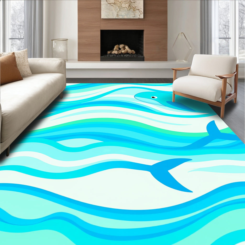 Ocean Blue Dolphin Waves Rug