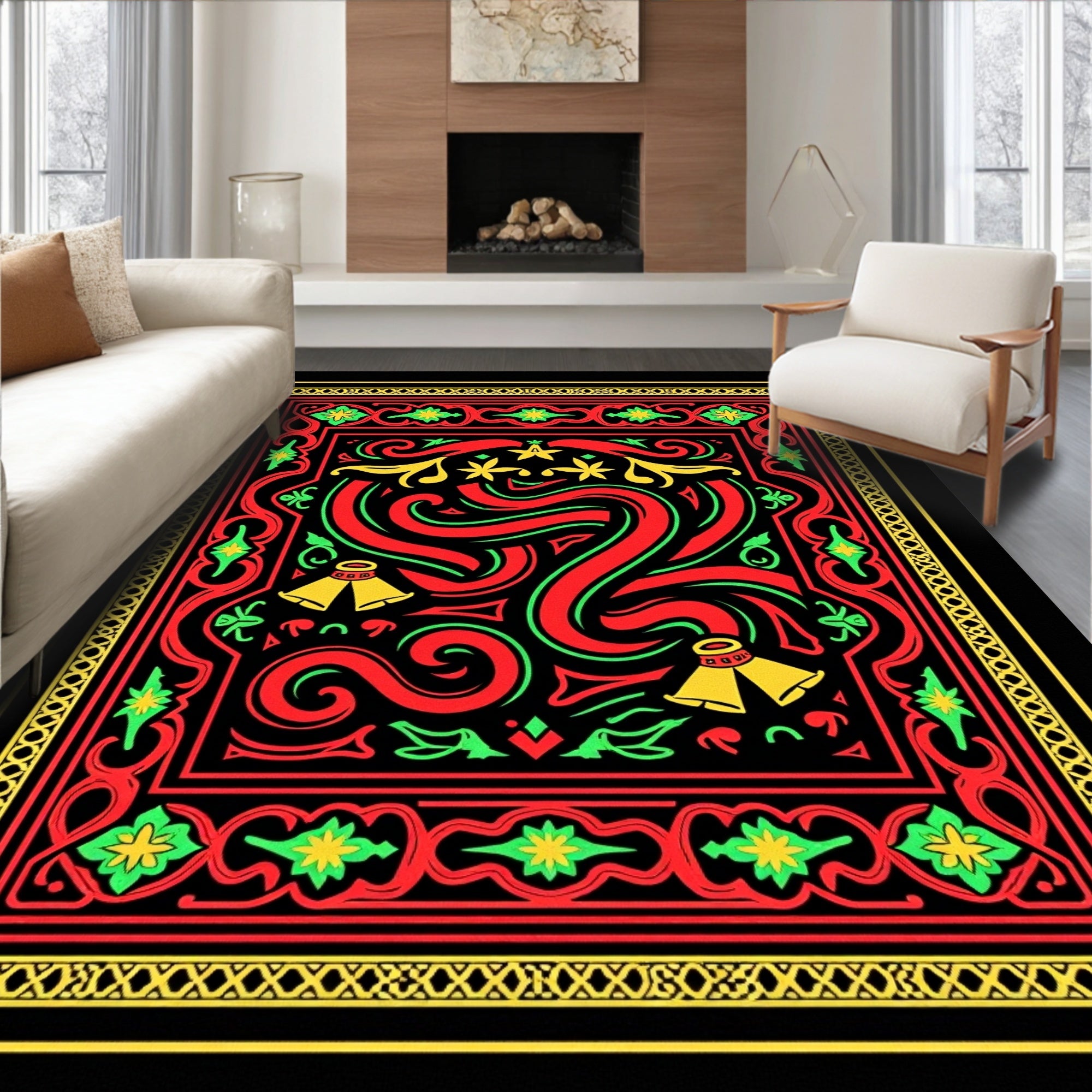 Bold Red Yellow Floral Swirl Art Rug