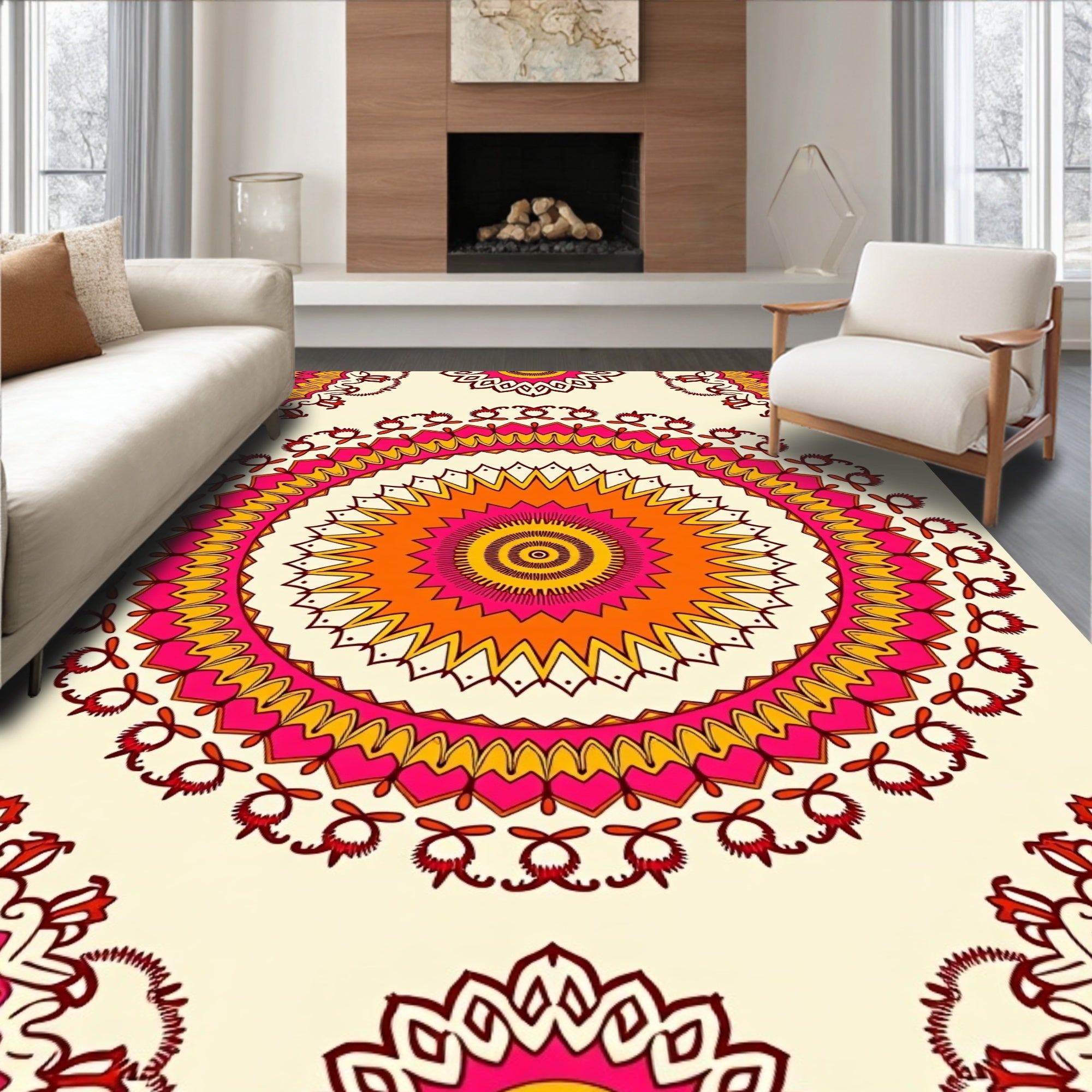 Radiant Orange Pink Sunburst Mandala Rug