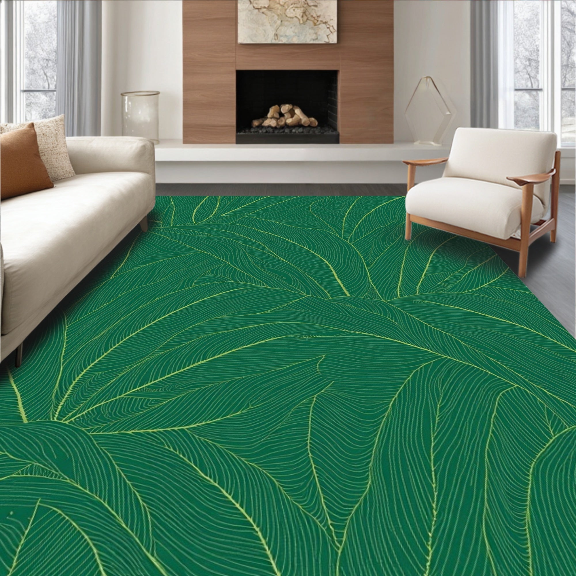 Emerald Green Leafy Woven Rug