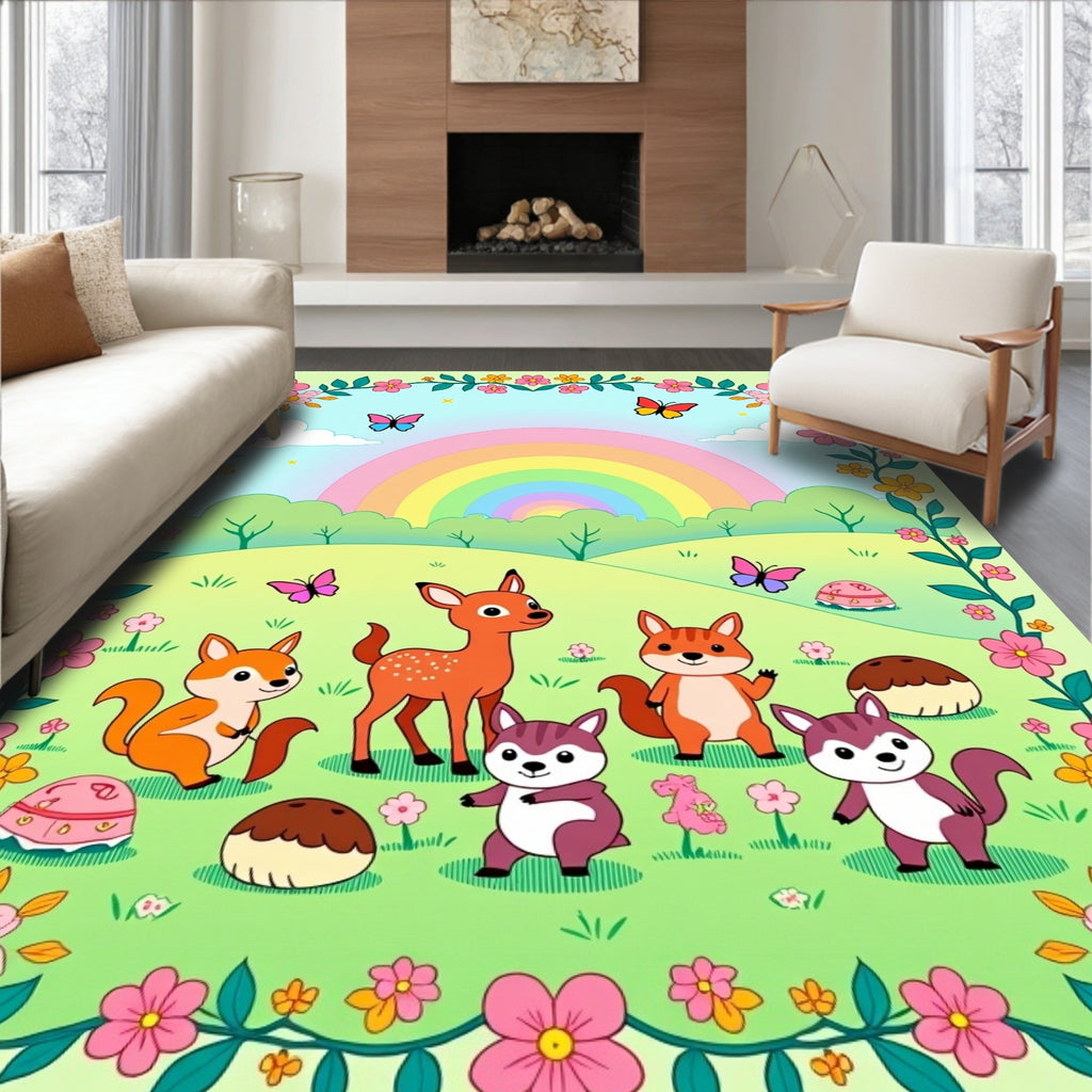 Whimsical Woodland Creatures Rainbow Meadow Rug