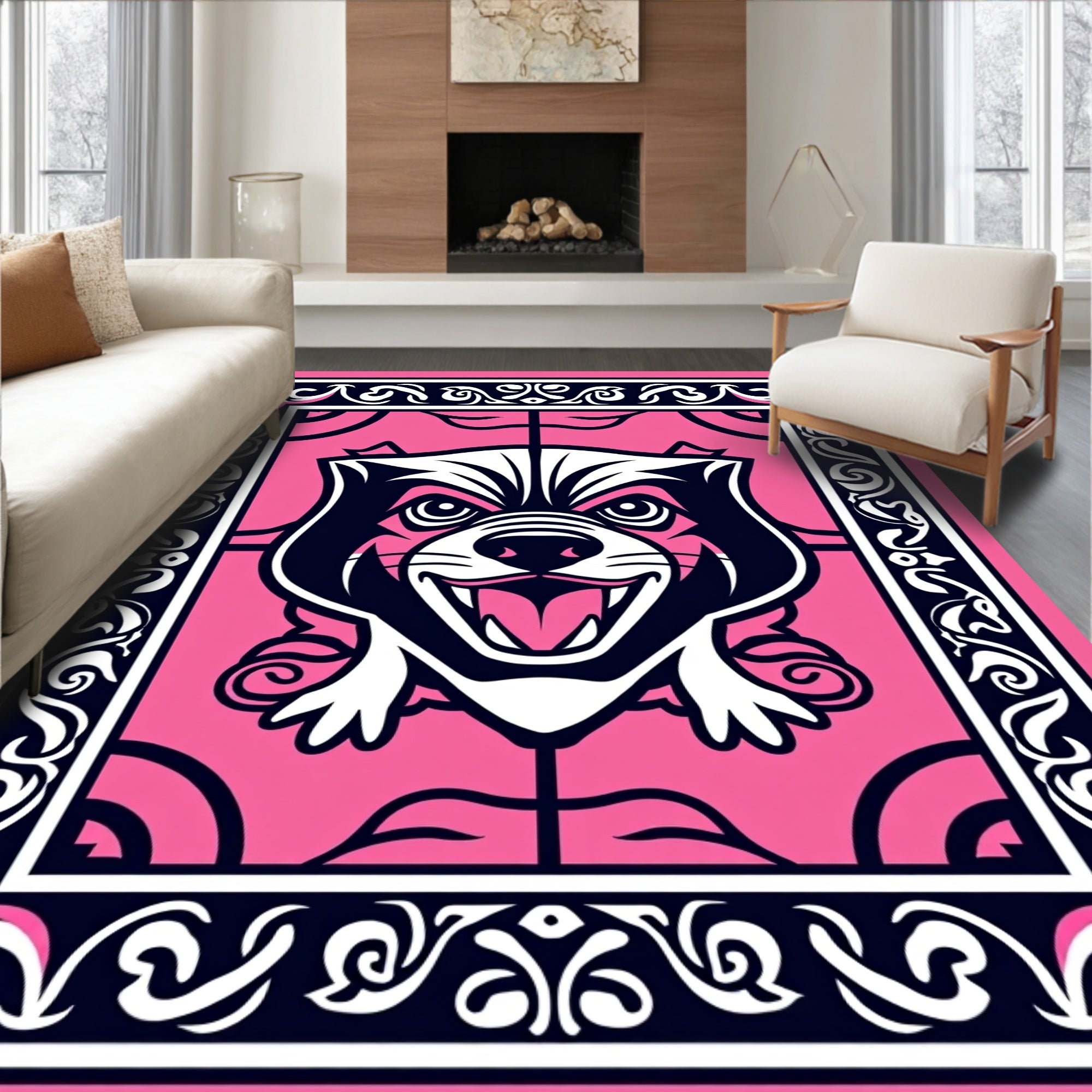 Pink Fierce Feline Ornamental Border Rug
