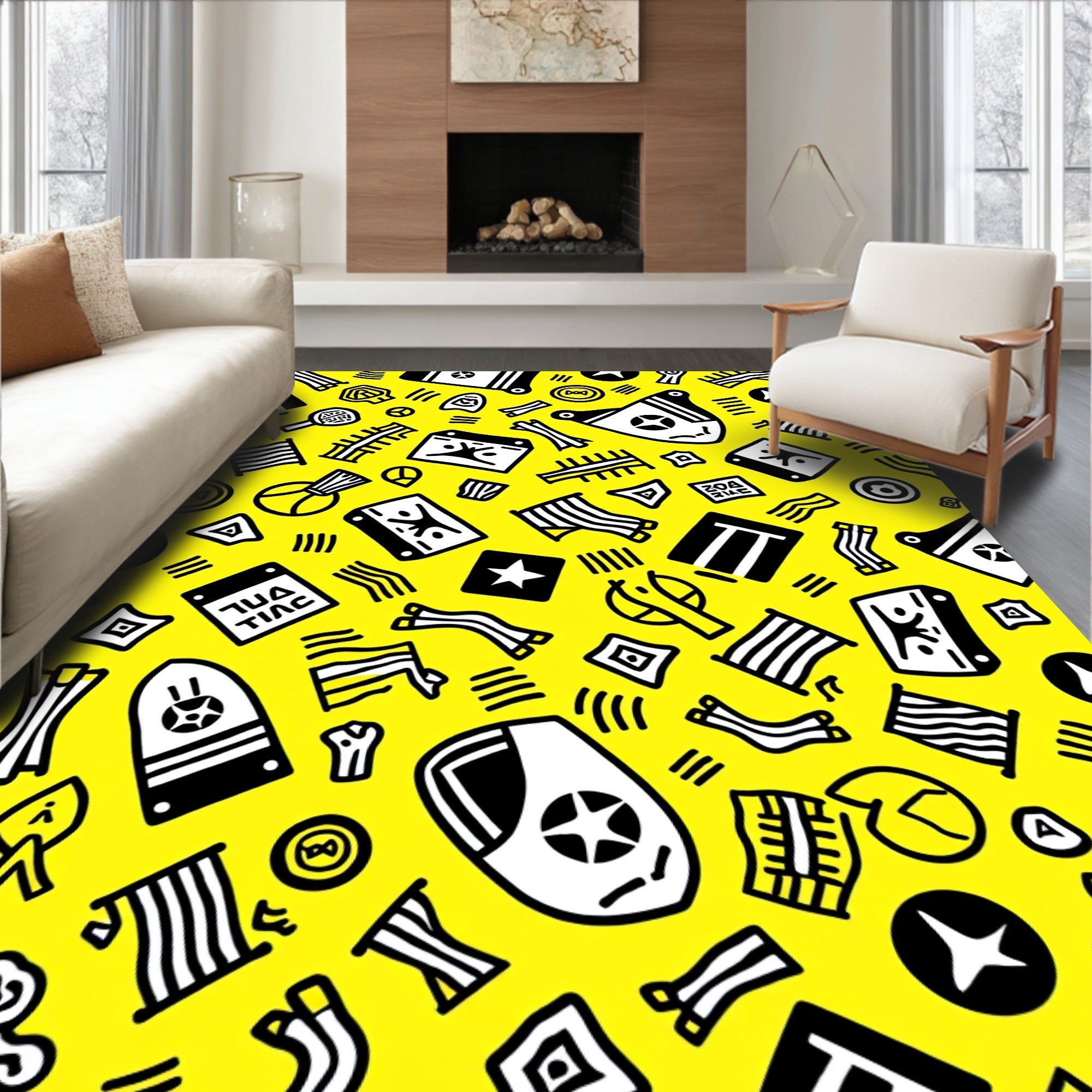 Bright Yellow Abstract Tribal Icons Rug