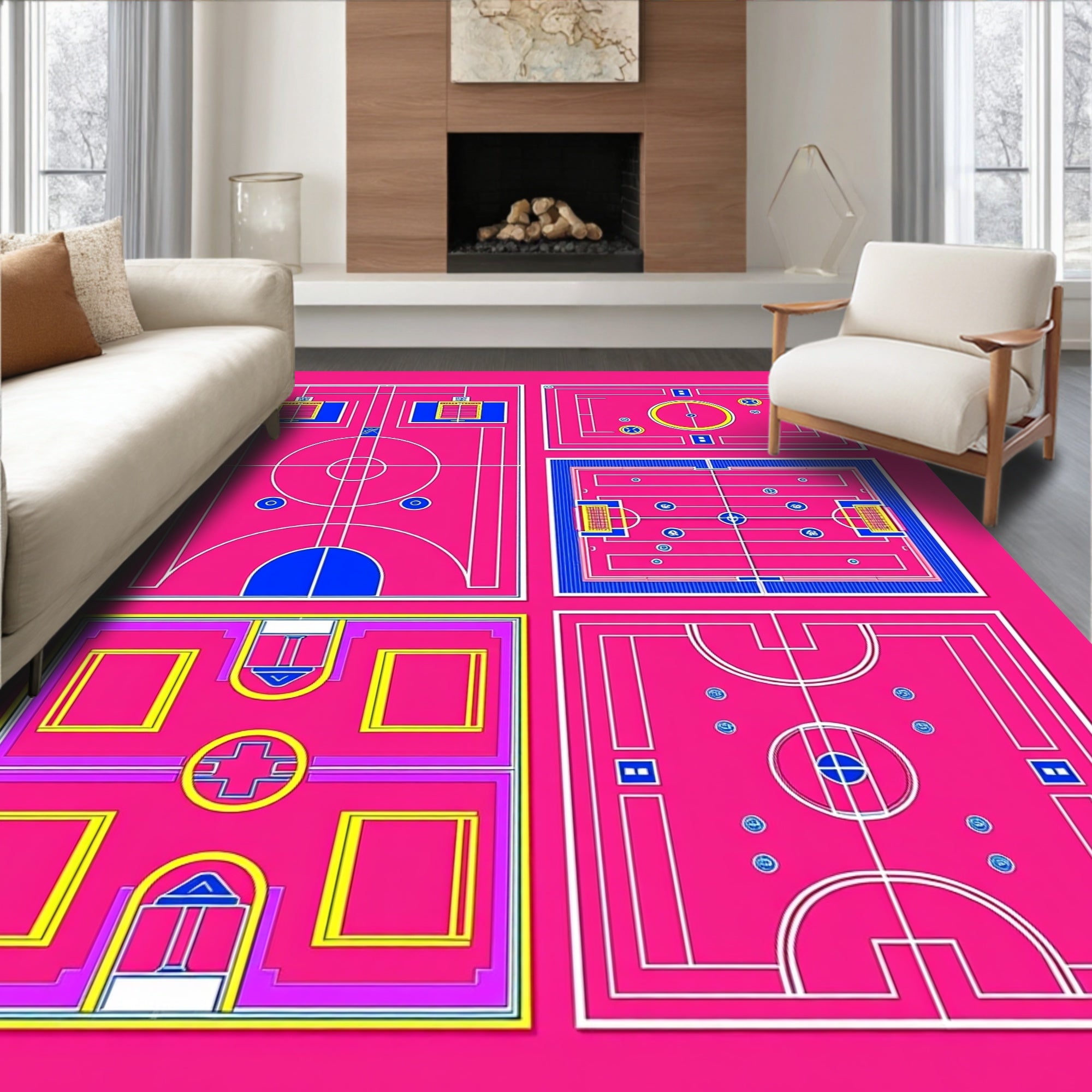 Vibrant Pink Geometric Court Collage Rug