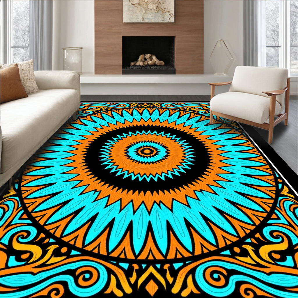 Vibrant Orange Teal Mandala Sunburst Rug