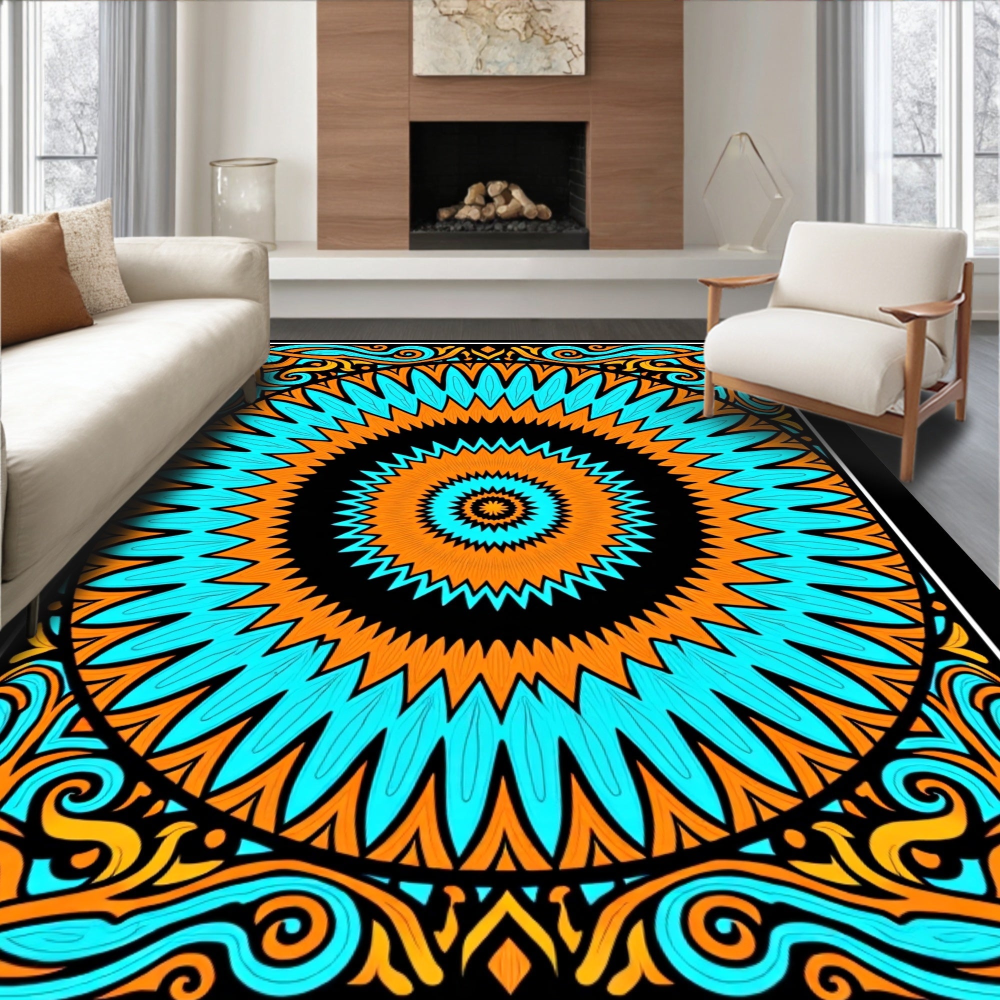 Vibrant Orange Teal Mandala Sunburst Rug