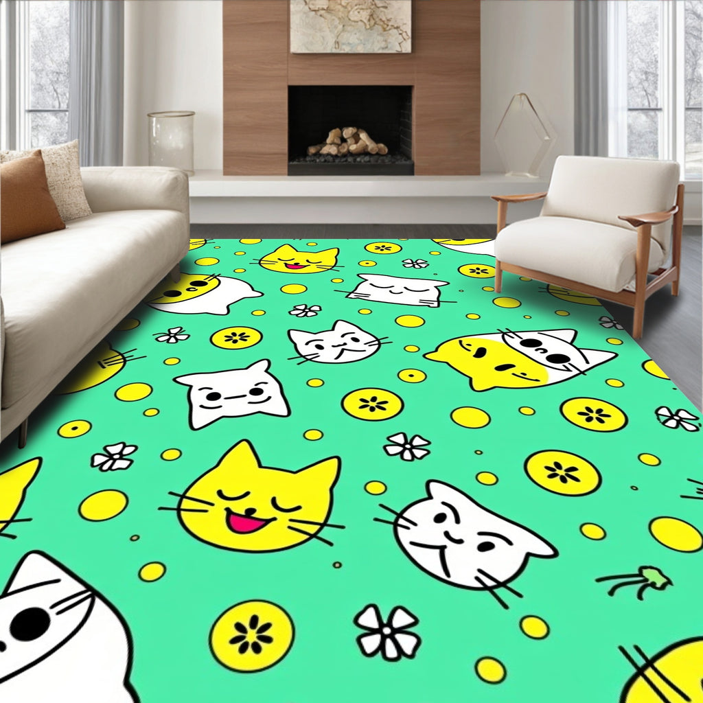 Cute Yellow White Cat Faces Dots Rug