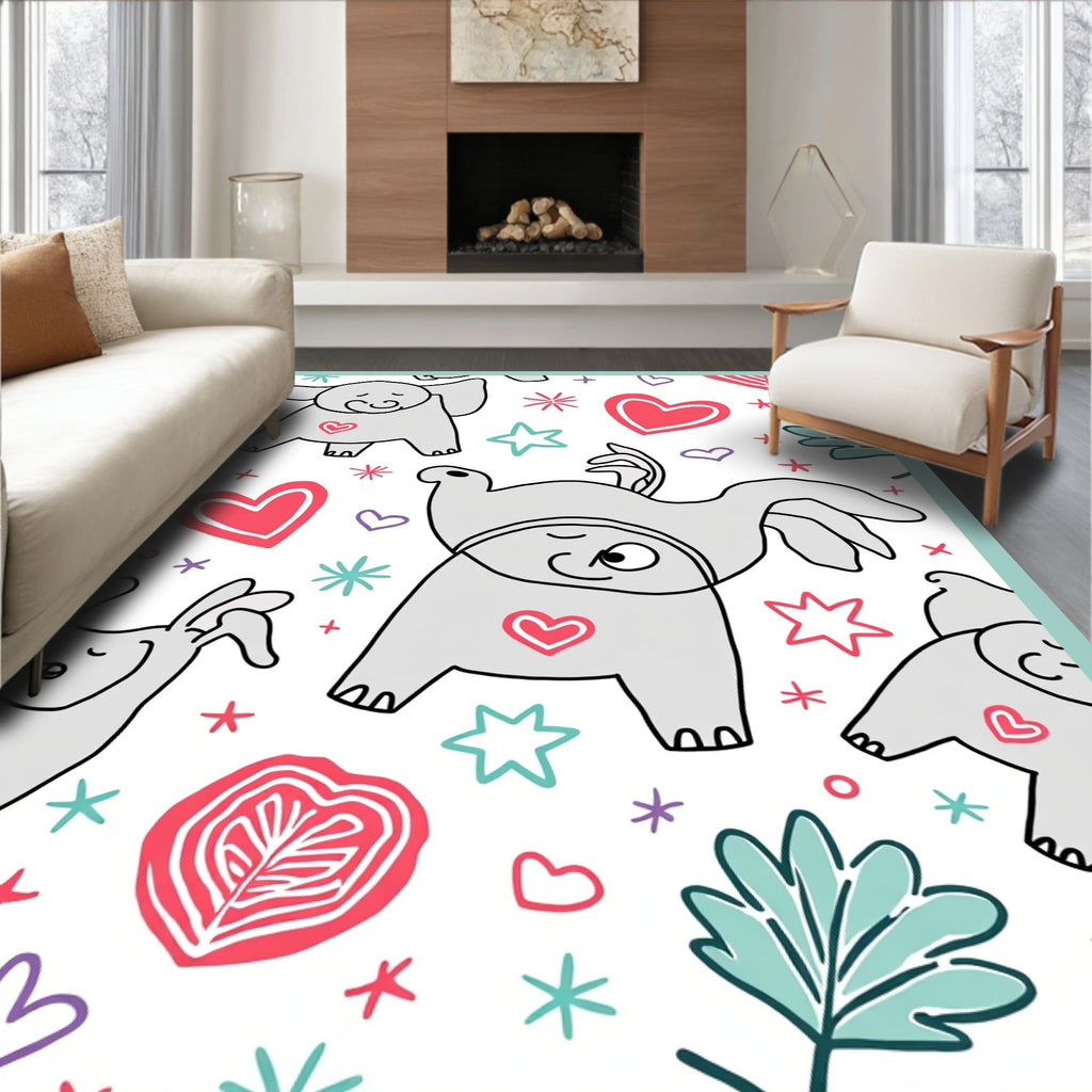 Whimsical Gray Elephant Heart Stars Rug
