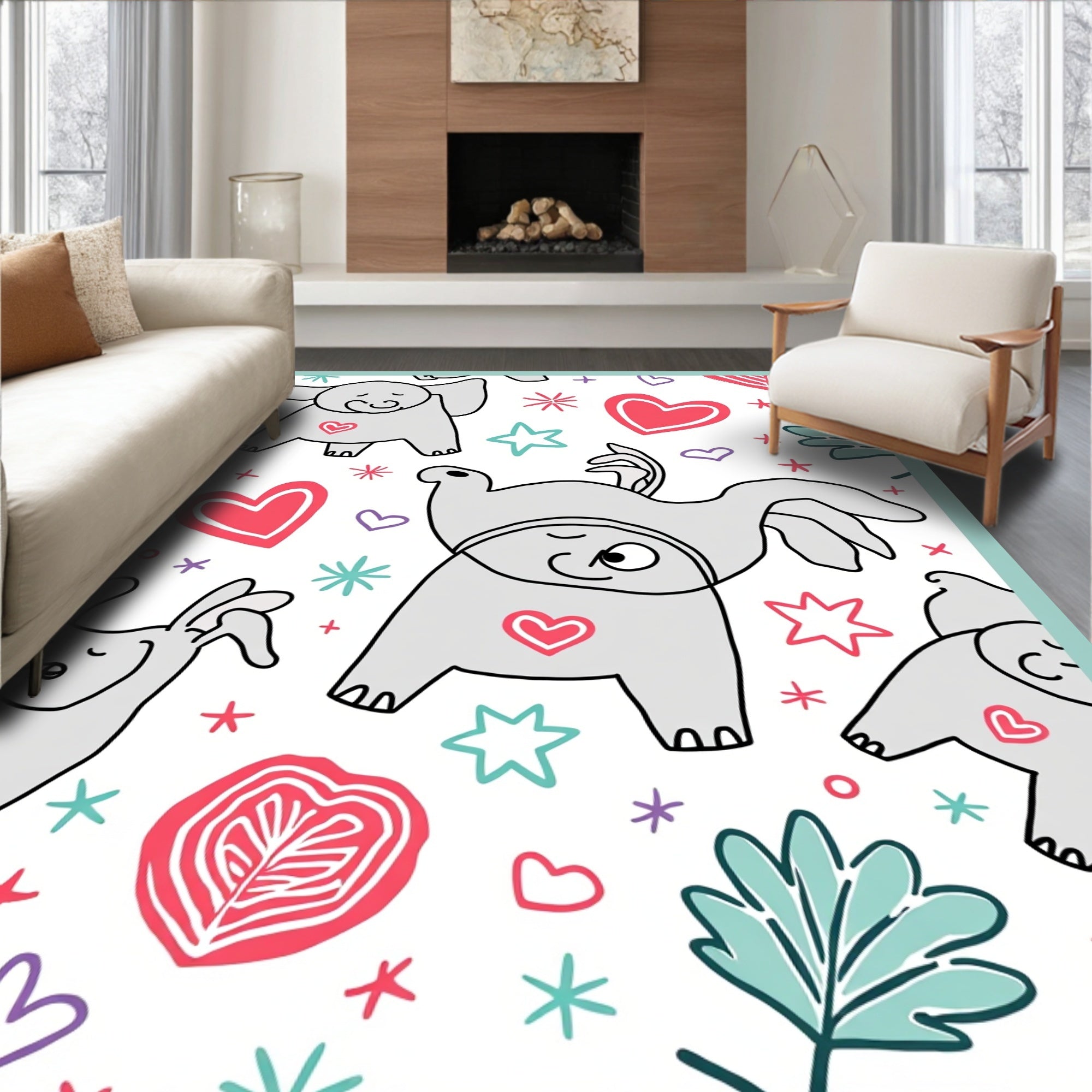 Whimsical Gray Elephant Heart Stars Rug