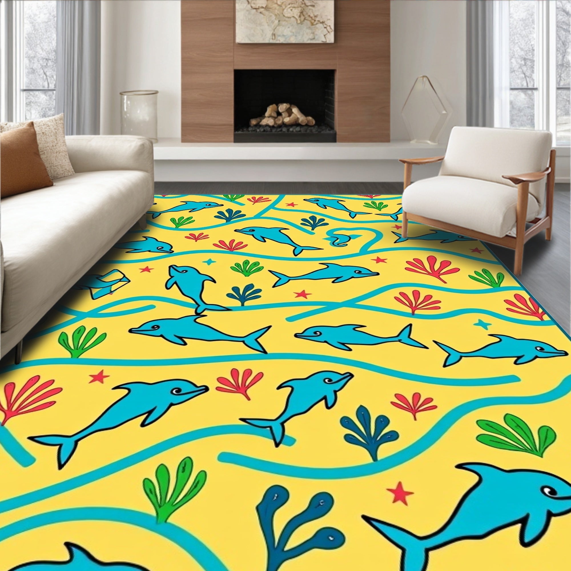 Playful Blue Dolphins Yellow Ocean Rug