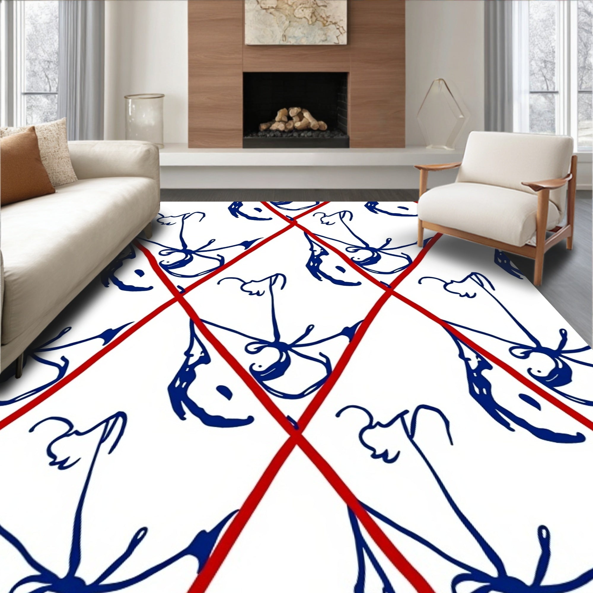 Red Diamond Grid Navy Floral Rug