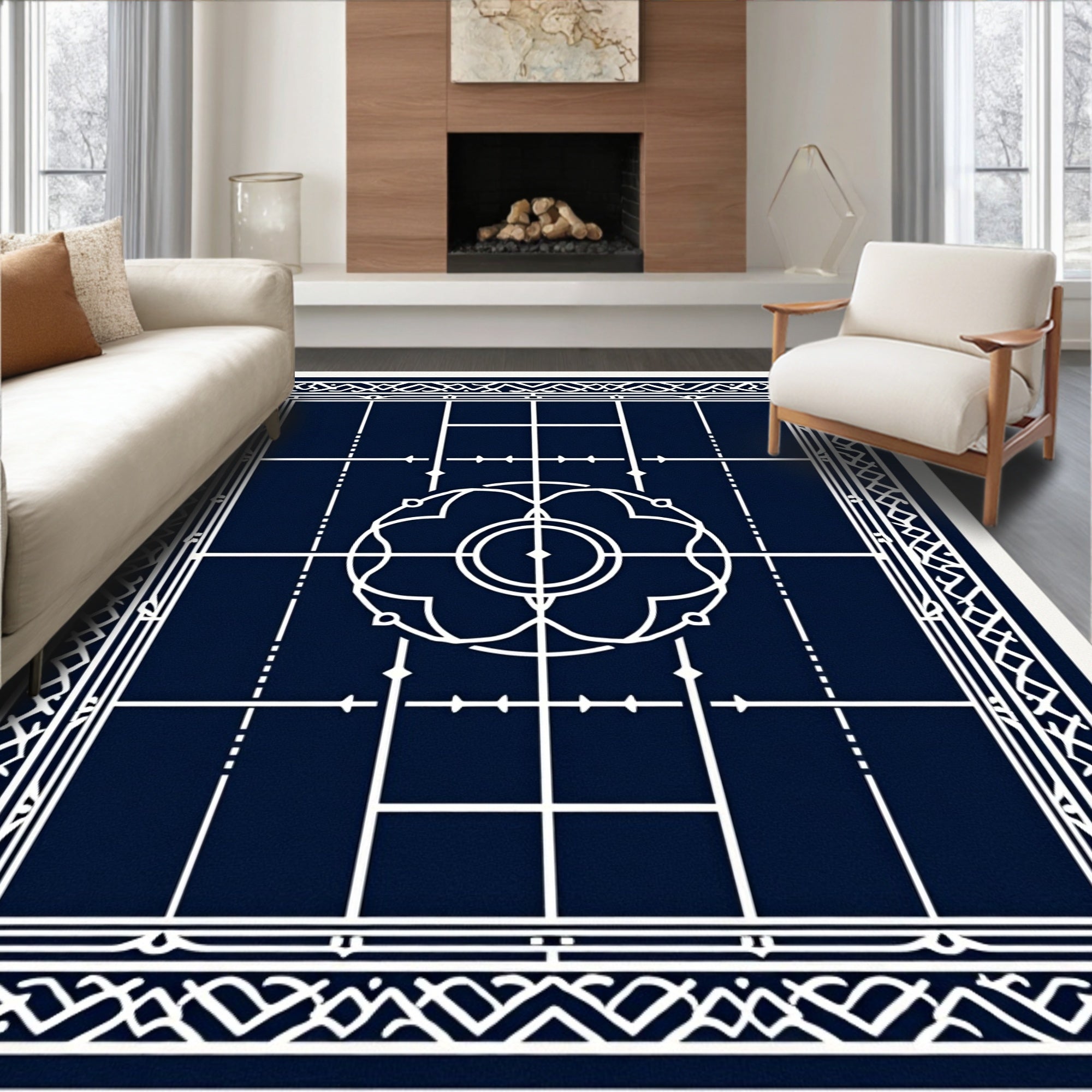Deep Navy Geometric Mandala Outline Rug