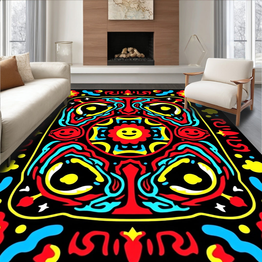 Vibrant Red Yellow Blue Smiling Sun Rug