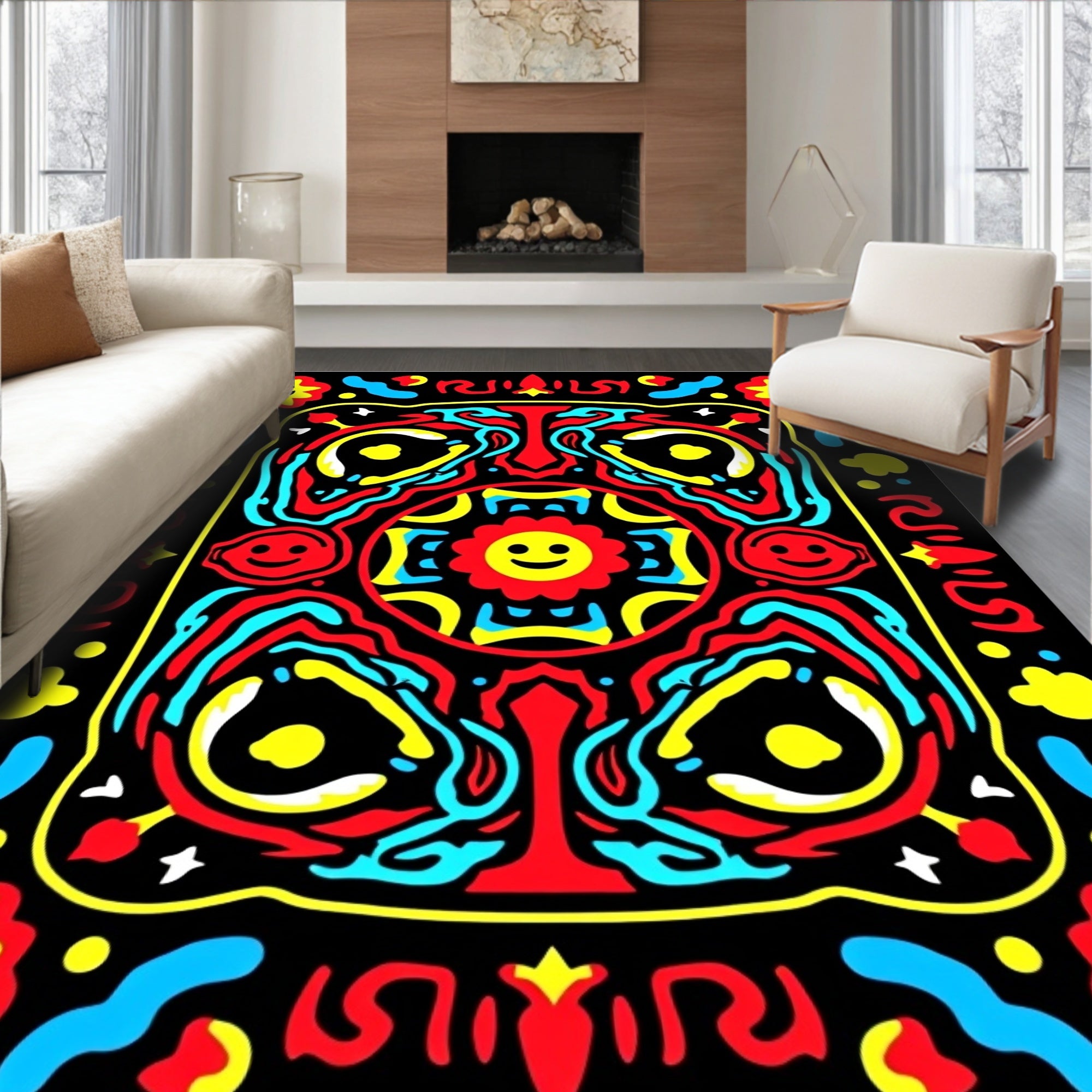 Vibrant Red Yellow Blue Smiling Sun Rug