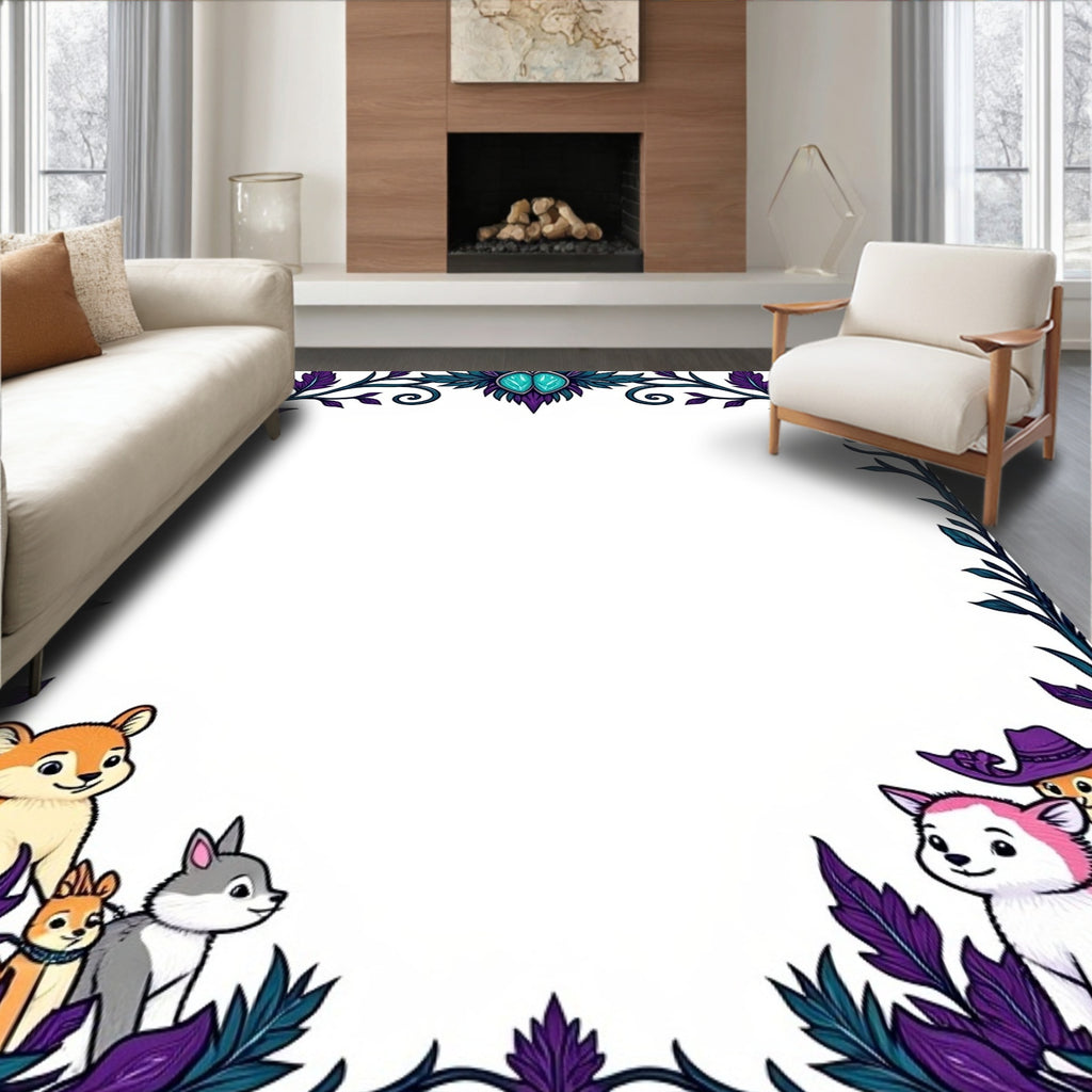 Enchanting Woodland Creatures Floral Border Rug