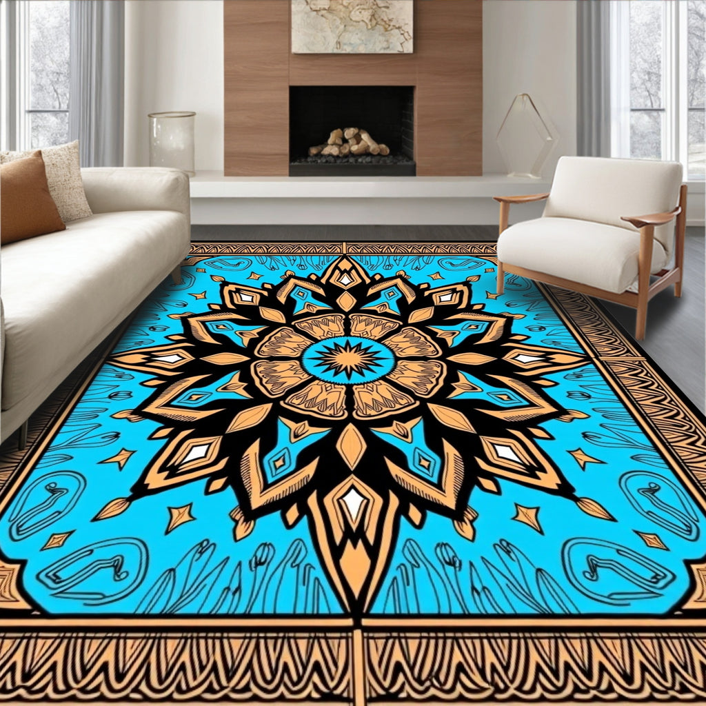 Golden Teal Mandala Floral Border Rug
