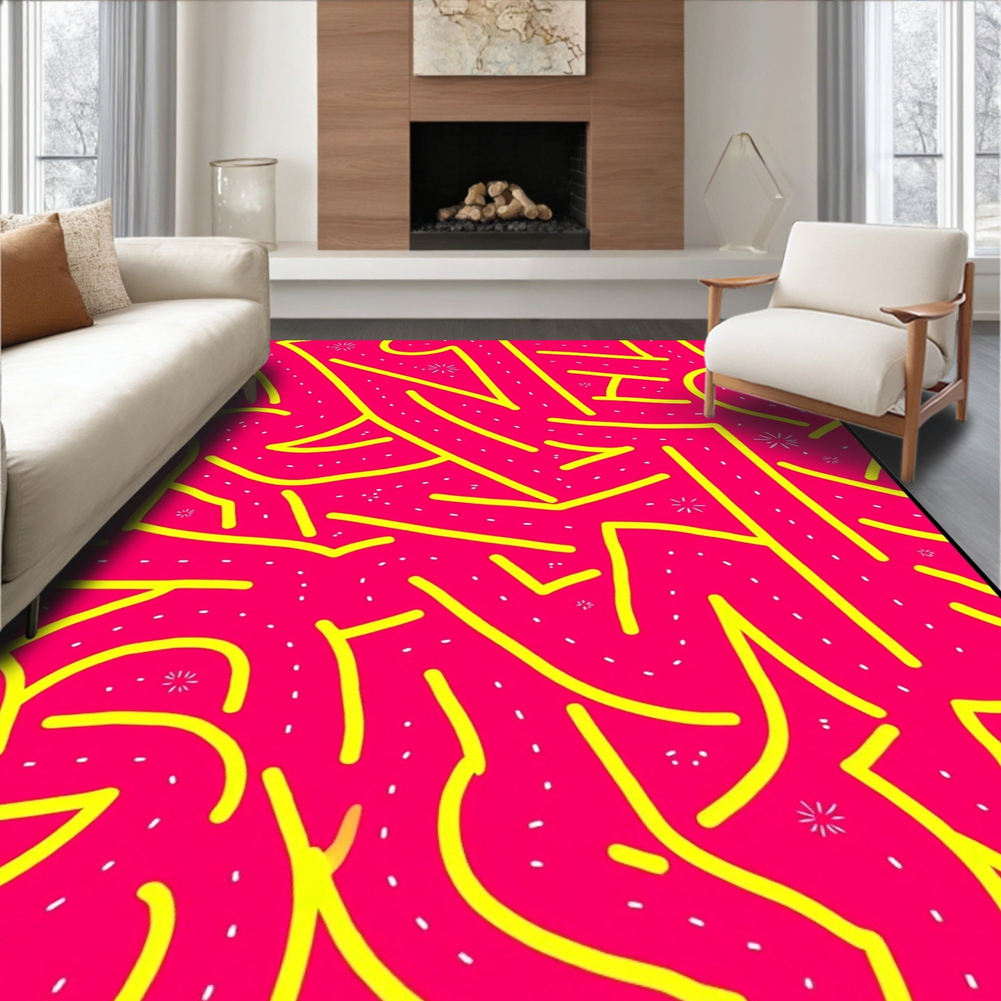 Vibrant Hot Pink Yellow Swirls Rug