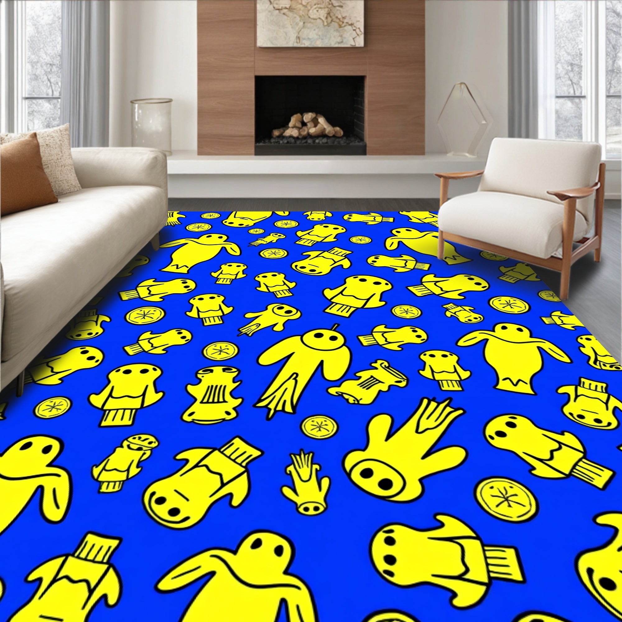Vibrant Yellow Figures Blue Background Rug