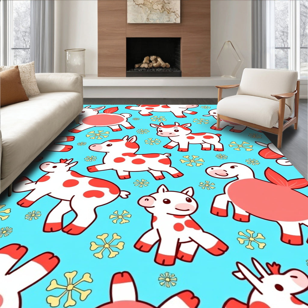 Whimsical Red Spotted Farm Animals Rug