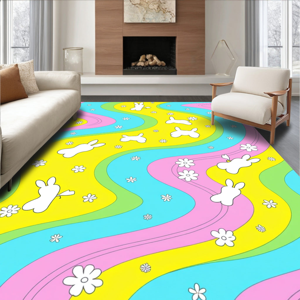 Retro Bunny and Flower Swirl Rug