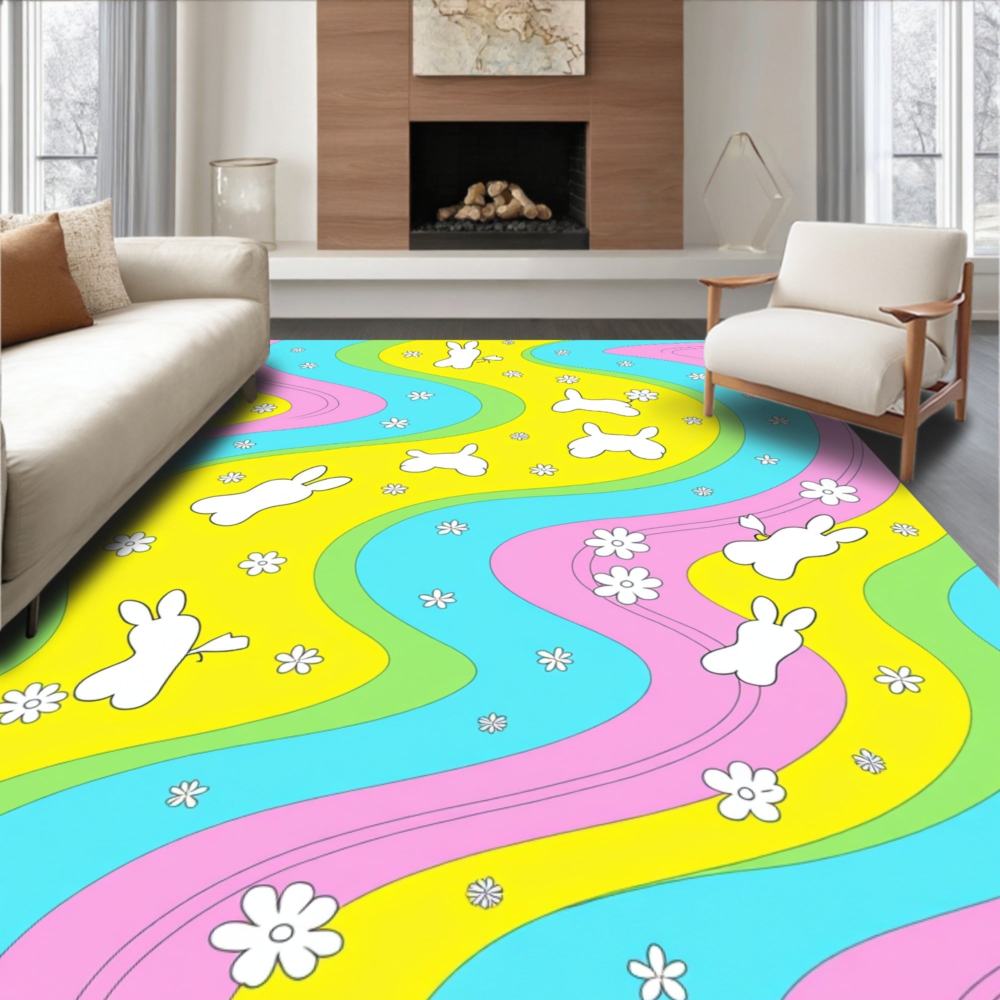 Retro Bunny and Flower Swirl Rug