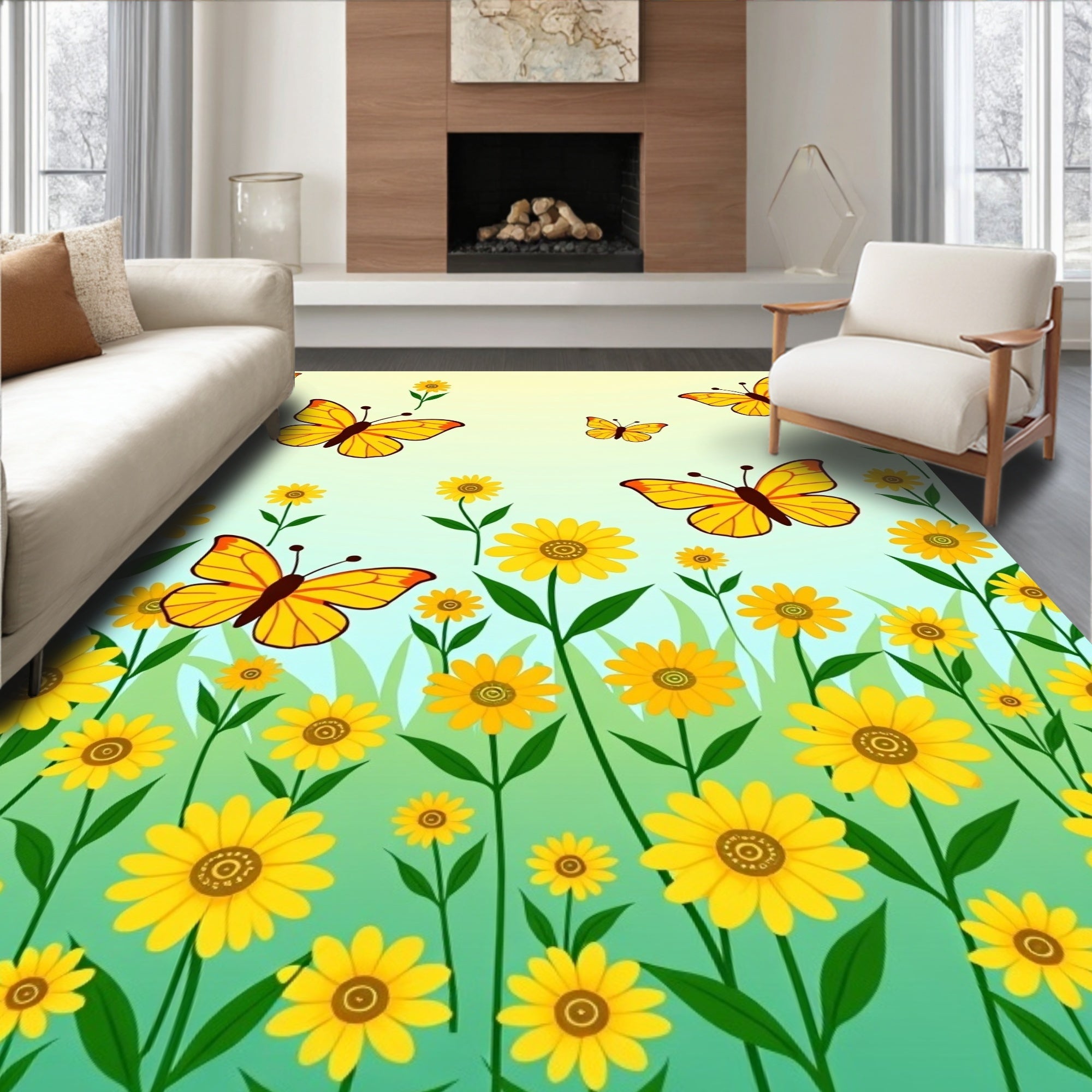 Whimsical Yellow Butterflies Meadow Rug