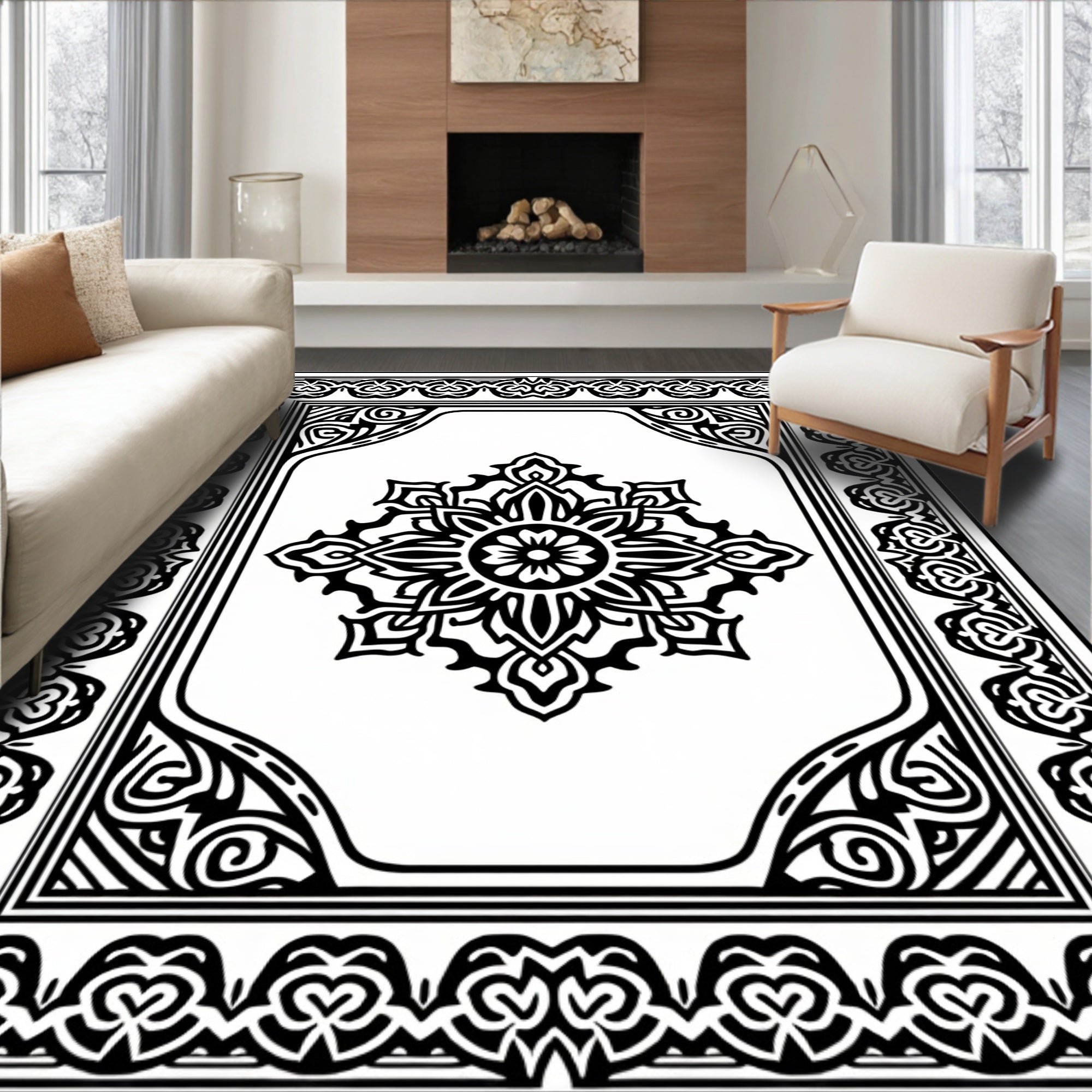 Bold Black Intricate Floral Medallion Rug
