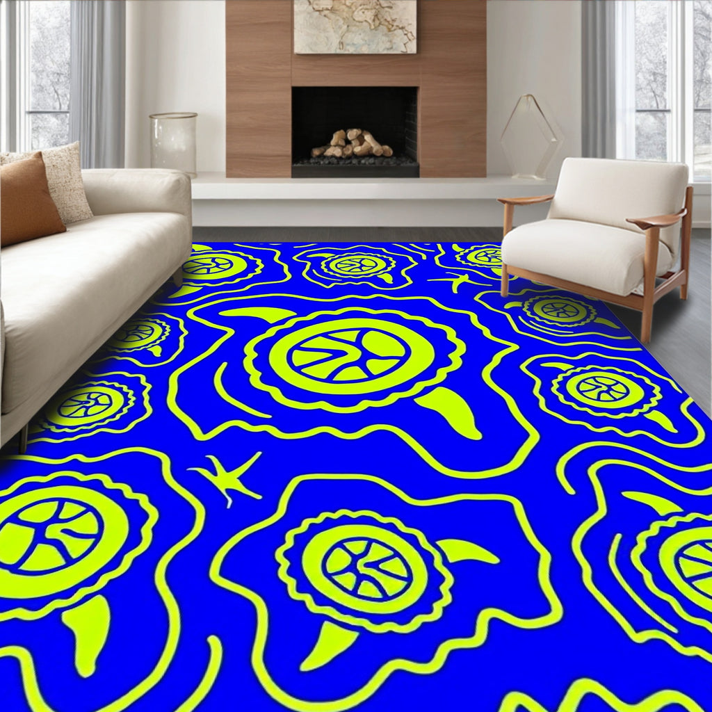 Electric Blue Yellow Turtle Swirl Rug