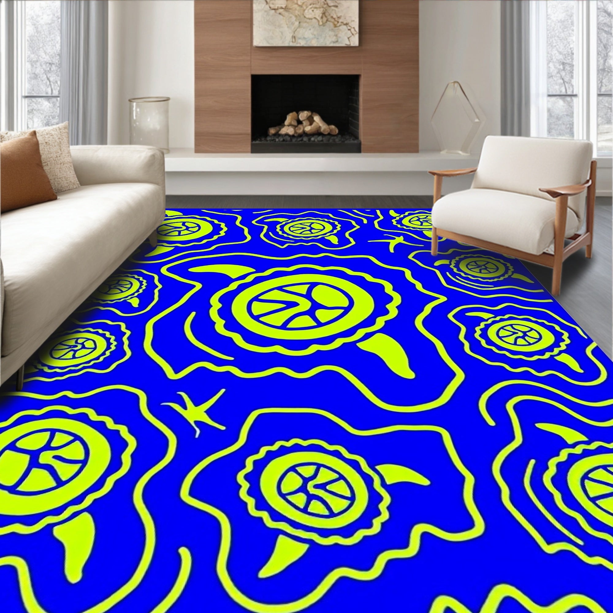 Electric Blue Yellow Turtle Swirl Rug