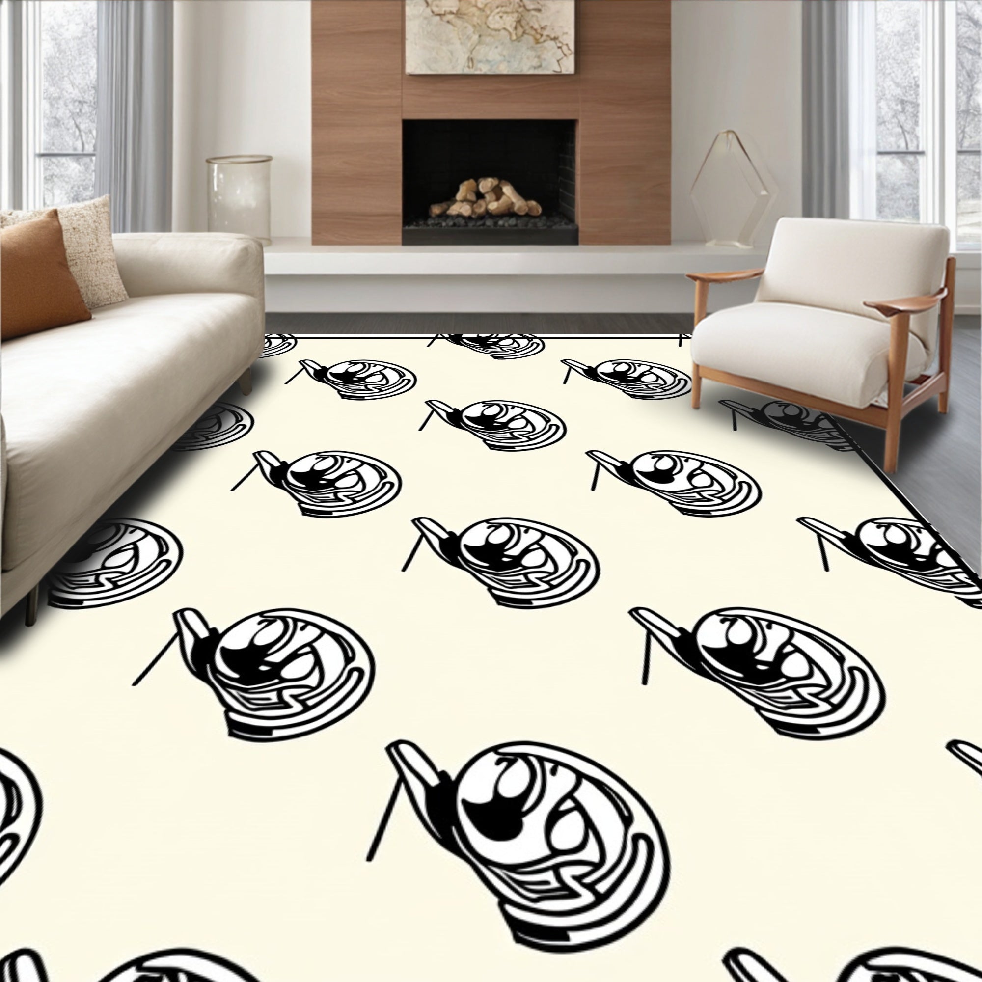 Cream Black Retro Abstract Machine Rug