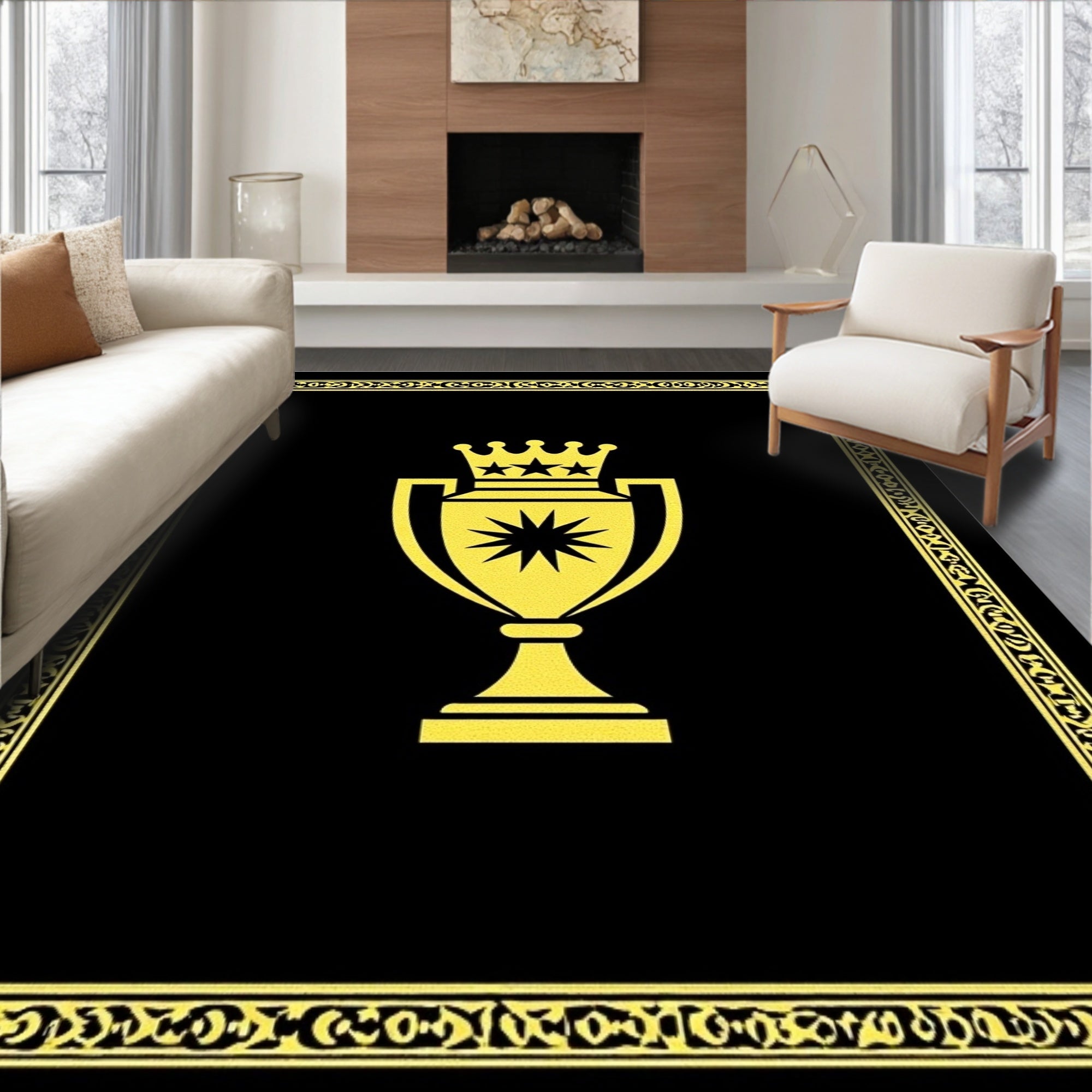Black Gold Trophy Crown Emblem Rug