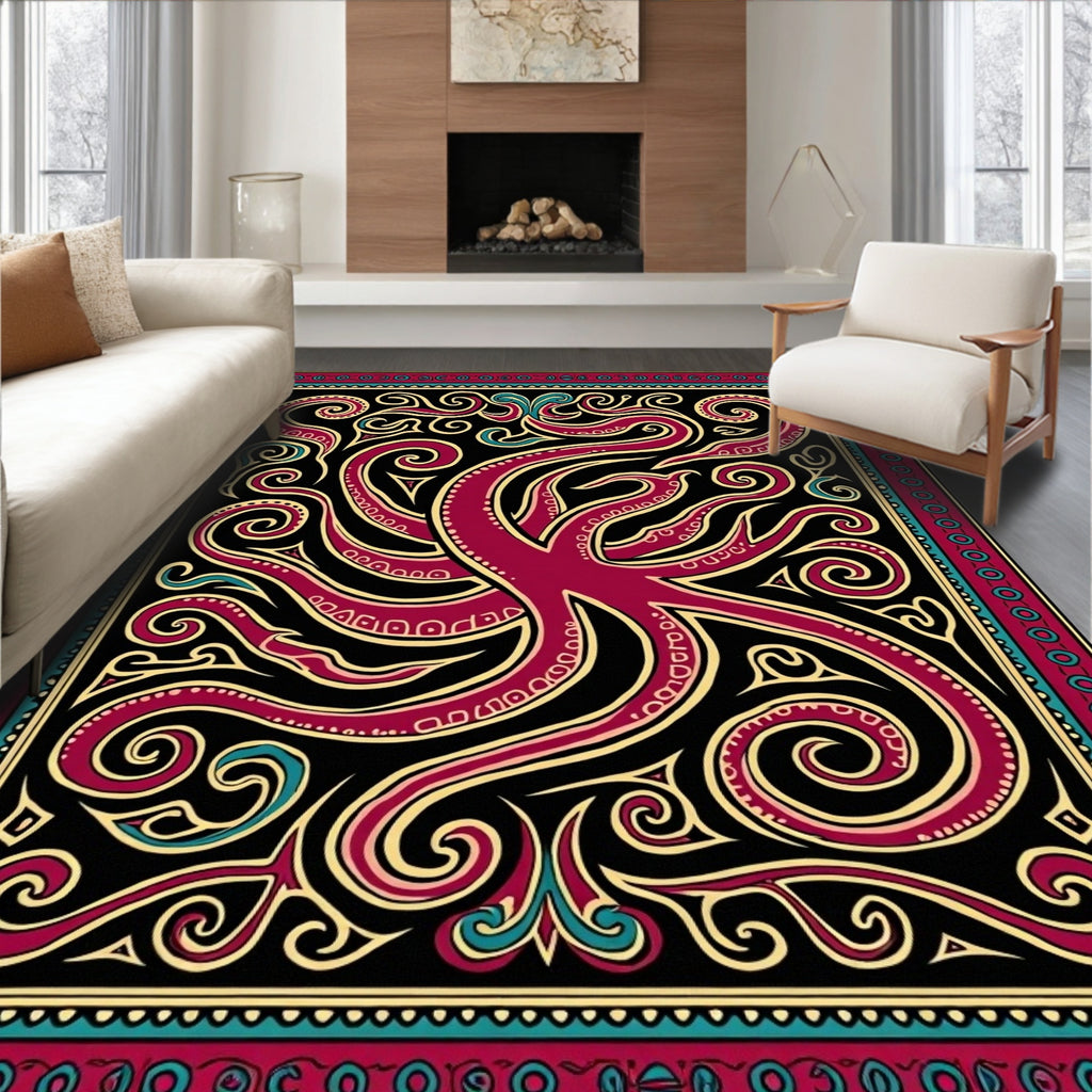 Maroon Octopus Swirl Tribal Rug