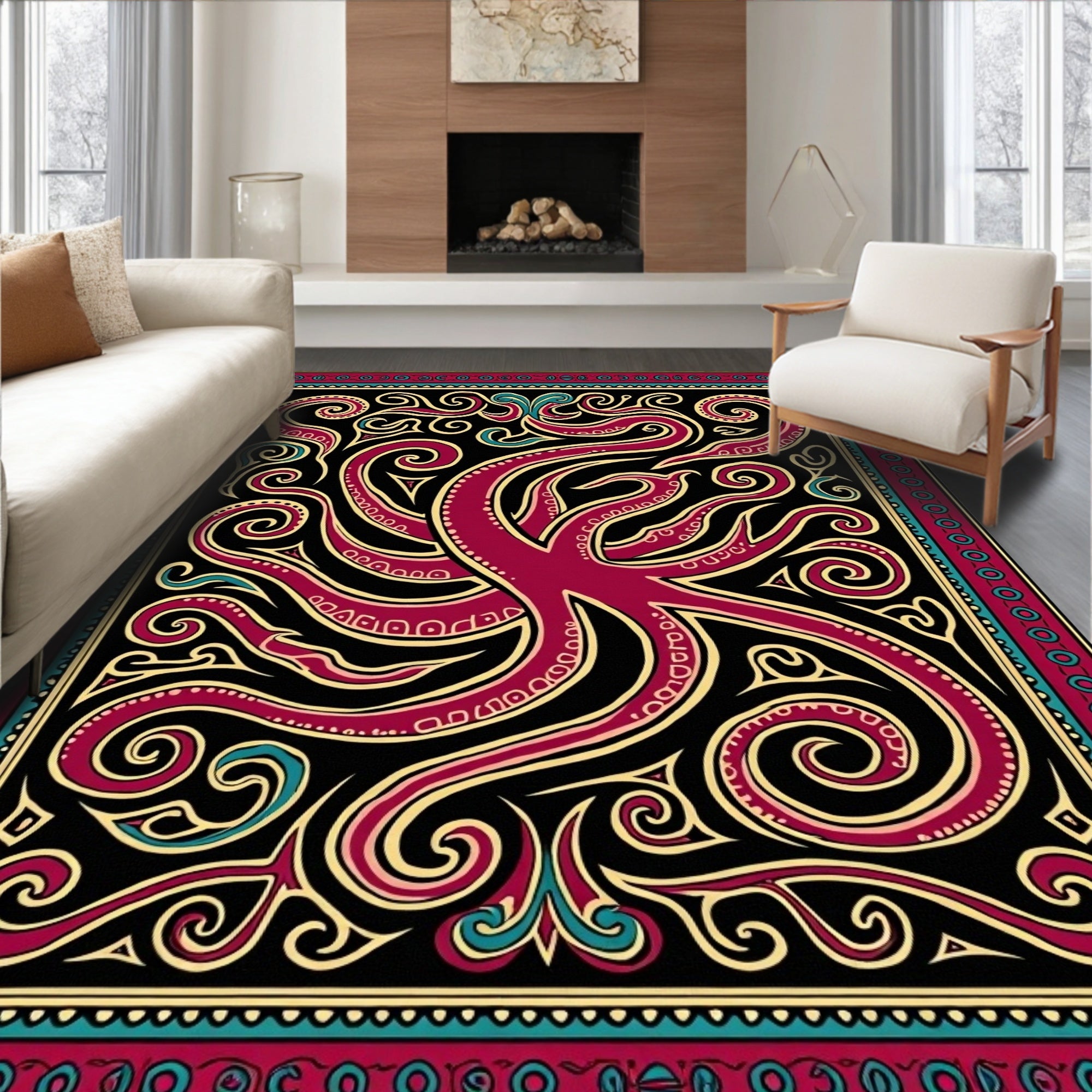 Maroon Octopus Swirl Tribal Rug