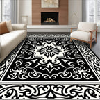 Classic Black White Medallion Border Design Rug